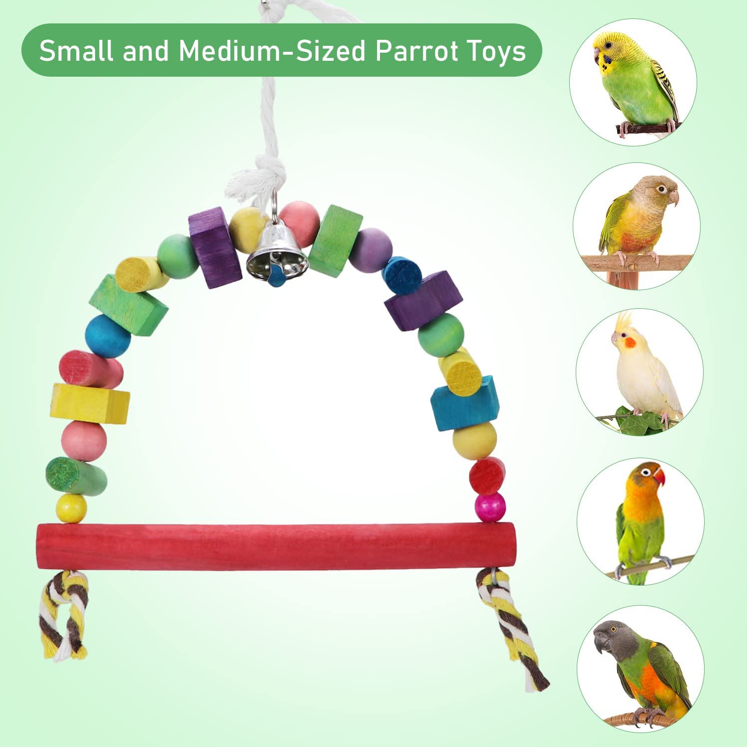 Natural Wooden Bird Swing Toy with Rainbow Bridge & Hanging Bells - Safe Chewable Knots for Parrots, Budgies, Lovebirds, Conures, Cockatoos - Perfect for Cage Enrichment & Playtime Stimulation