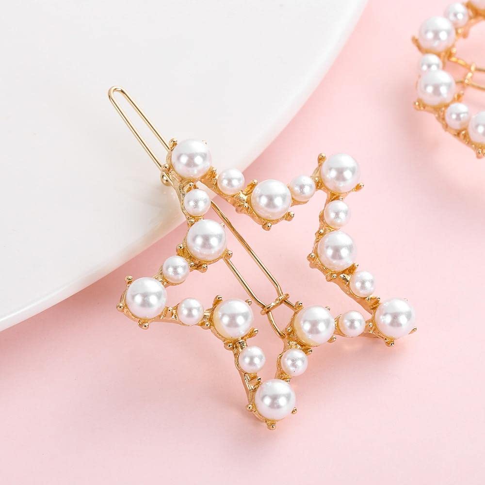 6PC Korean Fashion Faux Pearl Hair Clips - Geometric Minimalist Snap Barrettes for Women & Girls - Floral Hairpins Hair Accessories - Perfect for Weddings, Parties & Everyday Styling