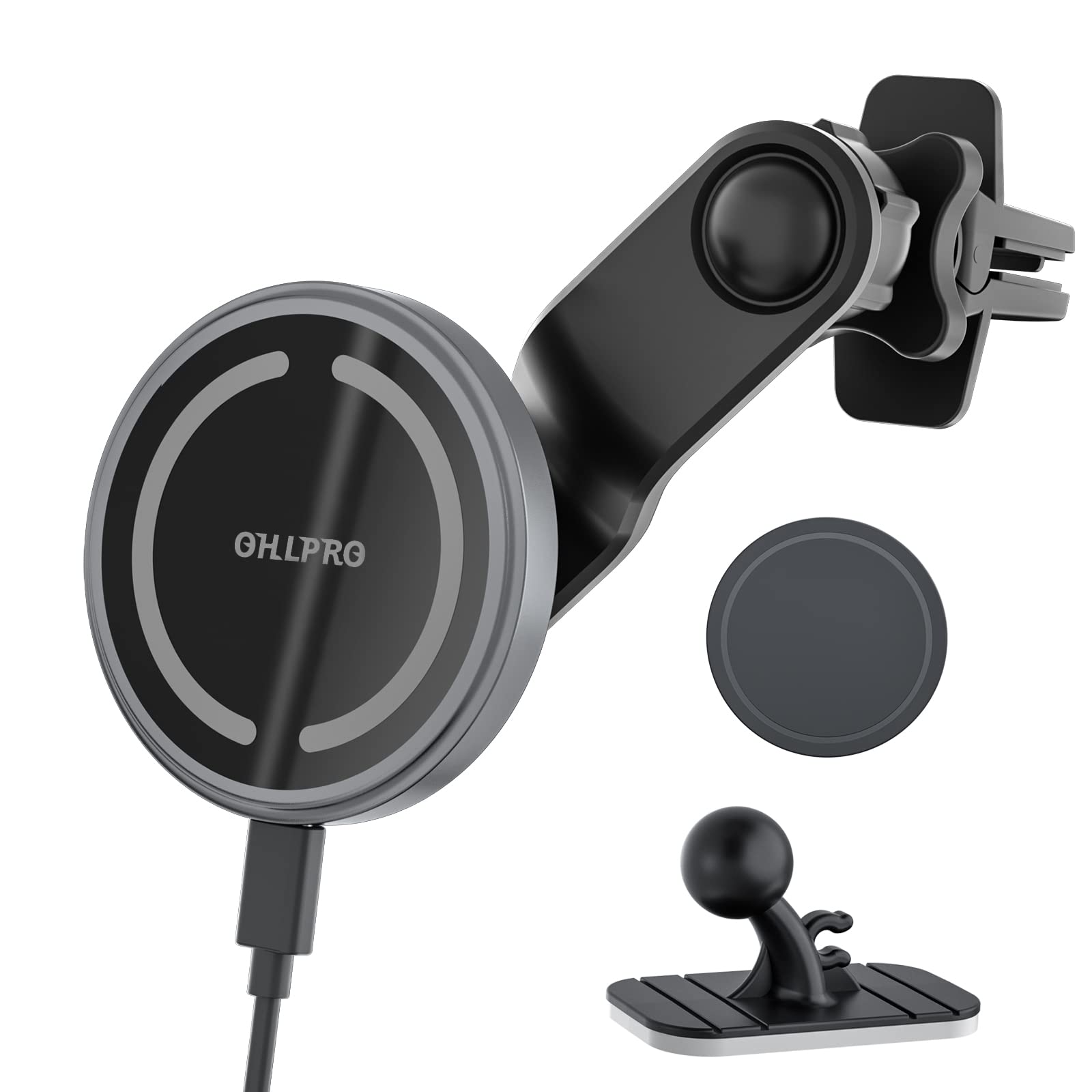 OHLPRO Magnetic Wireless Car Charger for iPhone 16/15/14/13/12 Series - 15W Fast Charging MagSafe Phone Holder with Extended Arm, Vent Clip Mount (Grey) | Perfect for Commuting, Road Trips & Hands-Free Navigation