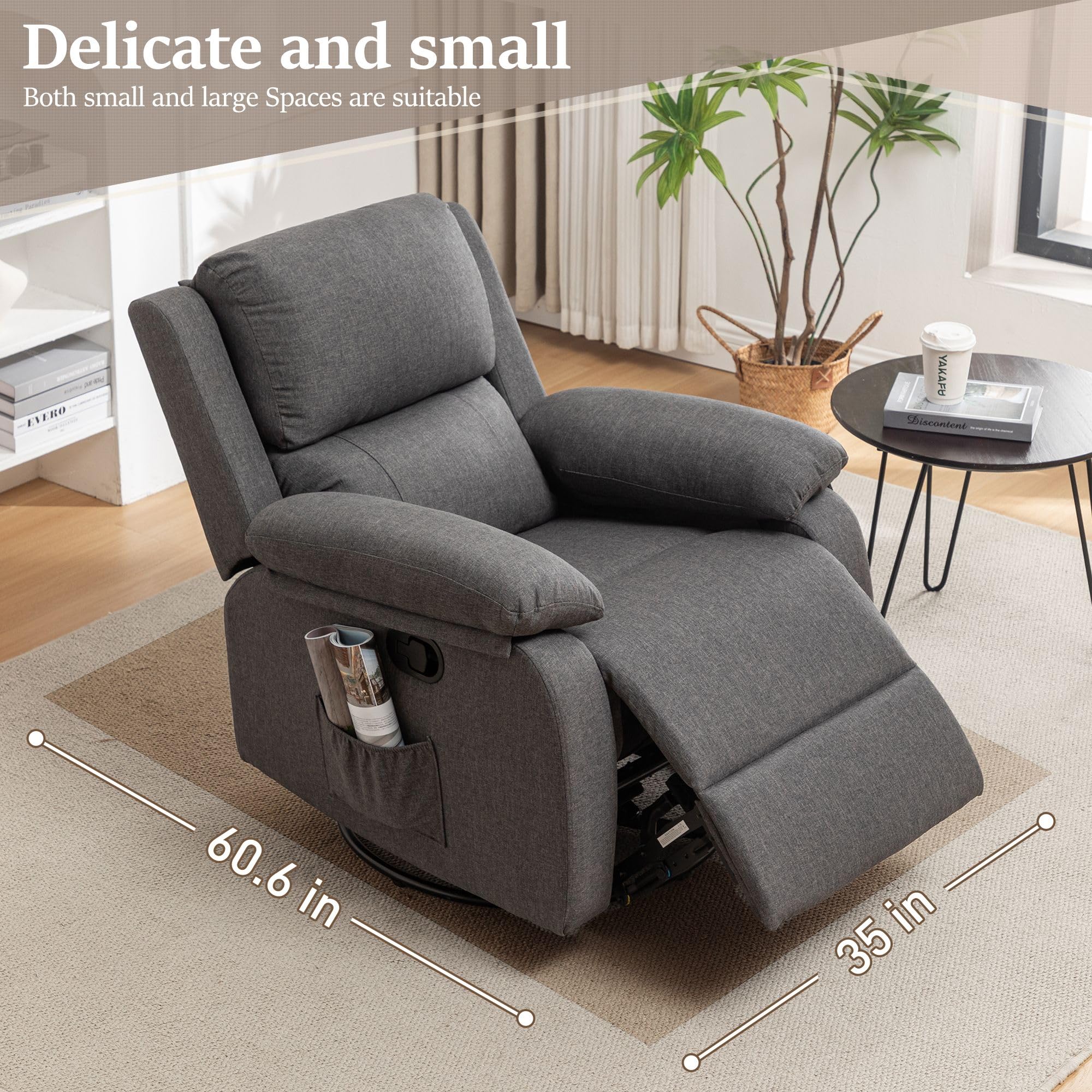 360° Swivel Rocking Recliner Chair for Adults - Small Space Fabric Upholstered Glider with Side Pockets - Perfect for Living Room, Nursery & Small Apartments