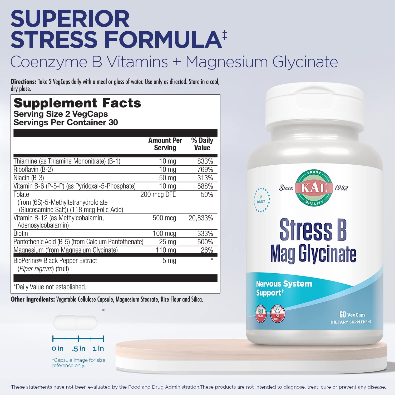KAL Stress B Mag Glycinate Supplement - Supports Relaxation & Stress Relief - Vegan, Non-GMO - Perfect for Daily Stress Management & Better Sleep