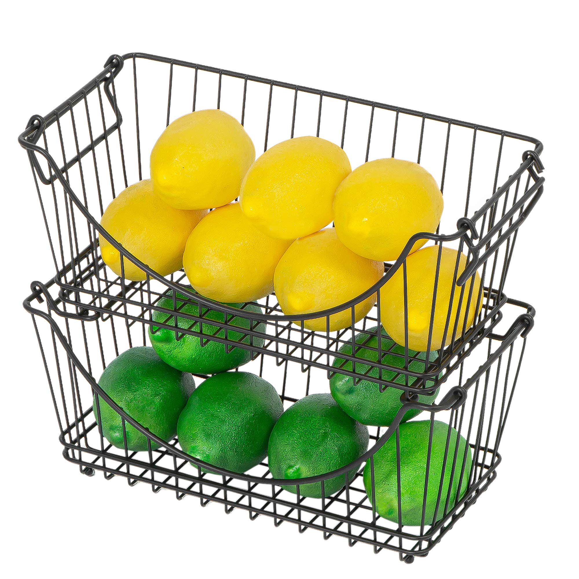 Smart Stacking Baskets with Handles - Set of 2 Medium Steel Wire Storage Bins for Fruits, Vegetables & Pantry Organization - 12.63 x 5.5 Inch Black Kitchen Counter Organizer - Perfect for Kitchen, Pantry, and Refrigerator Storage