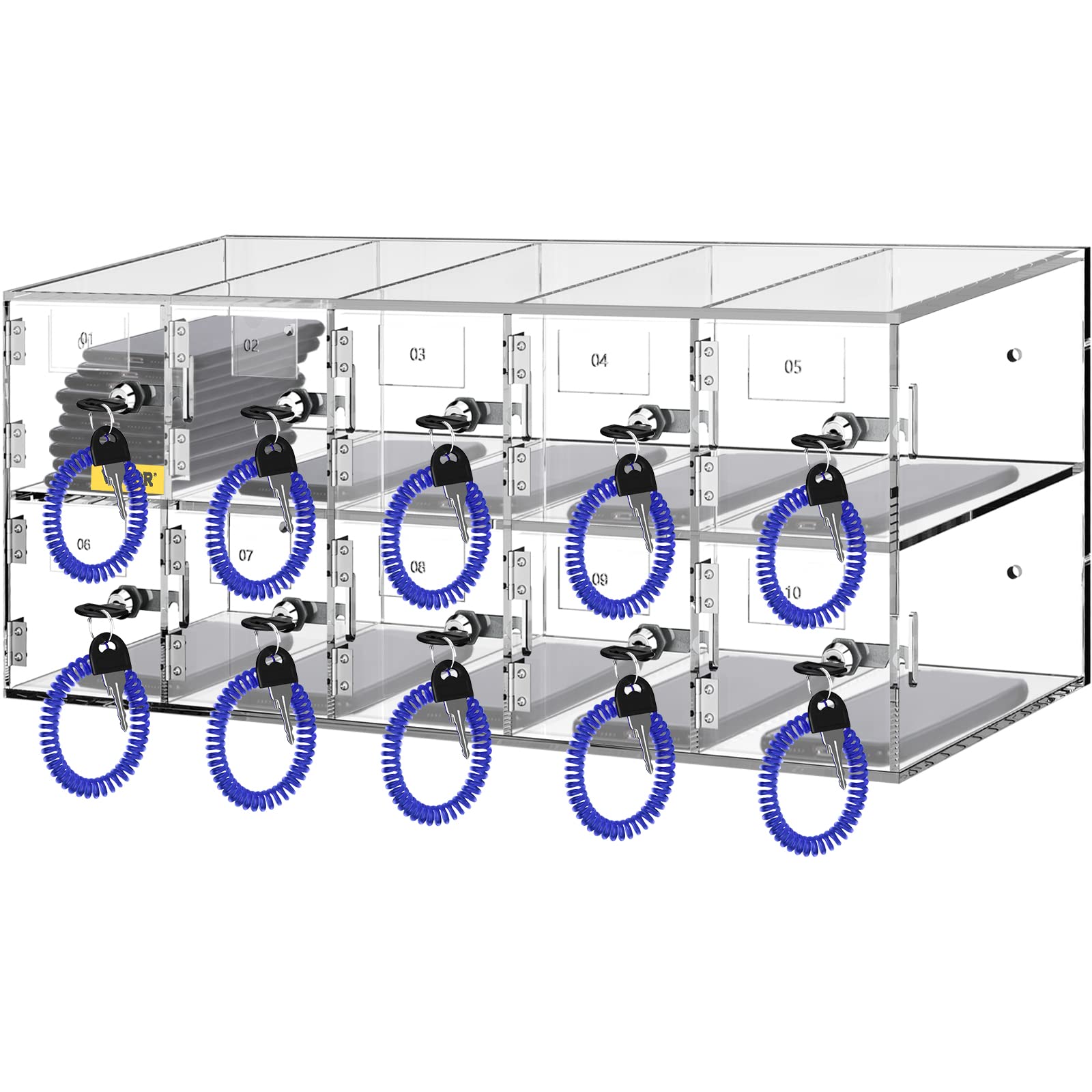 VEVOR 10-Slot Acrylic Cell Phone Storage Locker with Lock & Keys - Wall Mounted Clear Cabinet for Office, Classroom, Gym, Retail & Public Spaces - Secure Phone Organizer for Schools, Workplaces & Fitness Centers