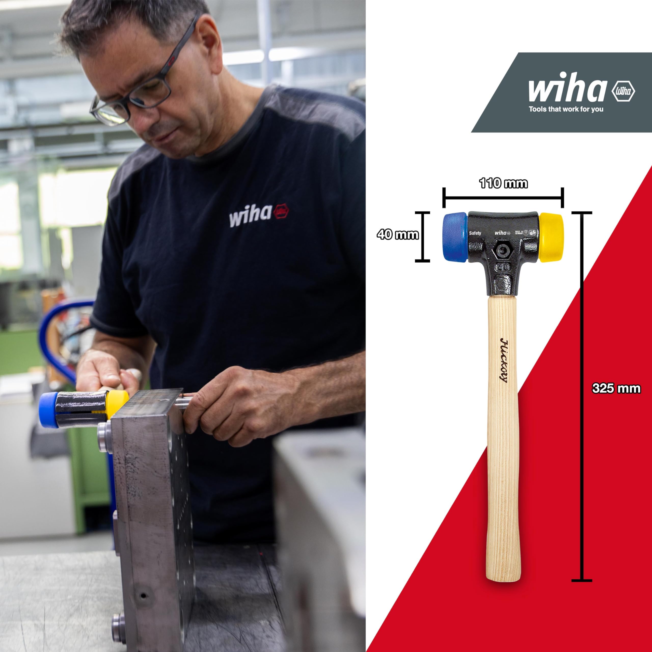 Wiha 83215040 Safety Medium Hard Soft-Faced Hammer - 40mm Blue/Yellow Non-Slip Grip - Perfect for Automotive, Woodworking & Home Repairs