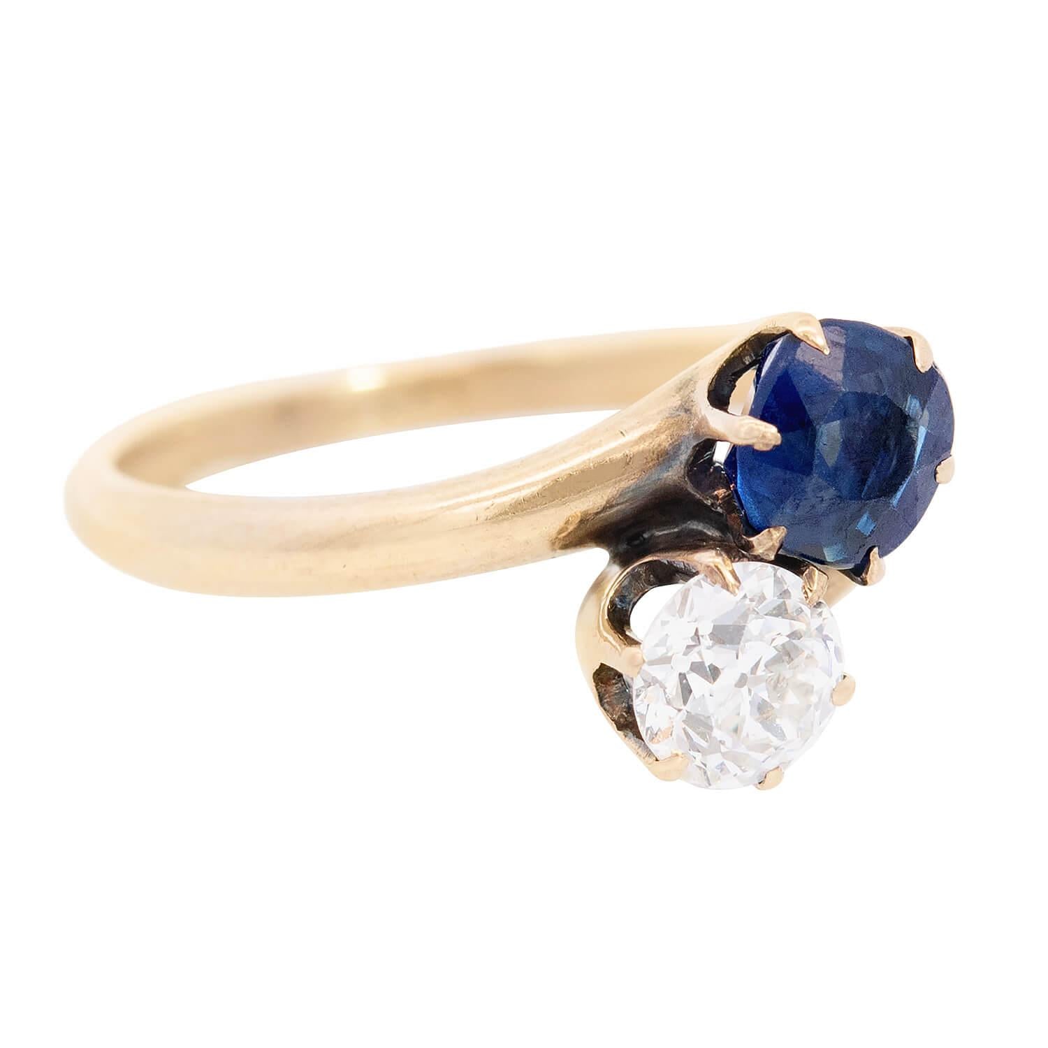 Victorian 14K Gold Diamond & Sapphire Moi et Toi Bypass Ring - Elegant Antique Jewelry for Engagement, Anniversary & Special Occasions