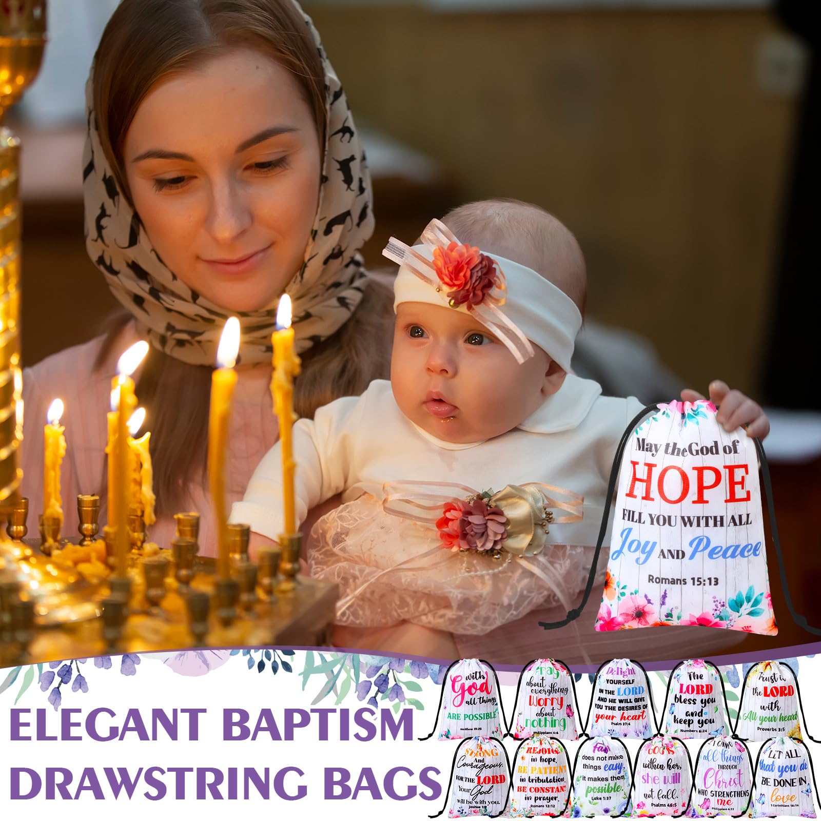 36 Pcs Easter Bible Verse Drawstring Bags - Christian Floral Wood Grain Gift Pouches for Baptism, Christening & Party Favors - Religious Supplies for Easter Celebrations, Sunday School Rewards & Church Events