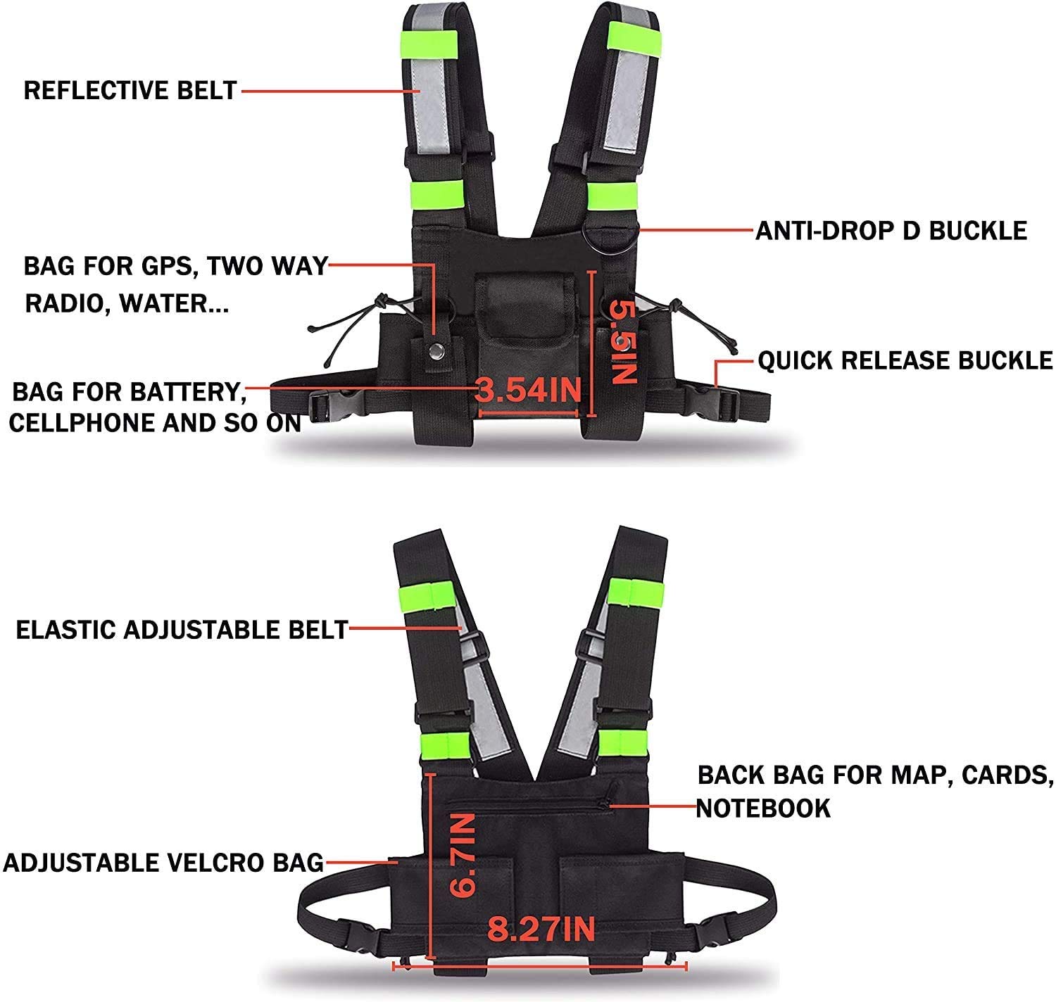 SHADDOCK Universal Yellow Reflective Radio Harness Front Pack Pouch Vest - Chest Bag Carry Case for Two Way Radio & Walkie Talkie - Rescue Essentials Gear for Hiking, Camping & Emergency Situations