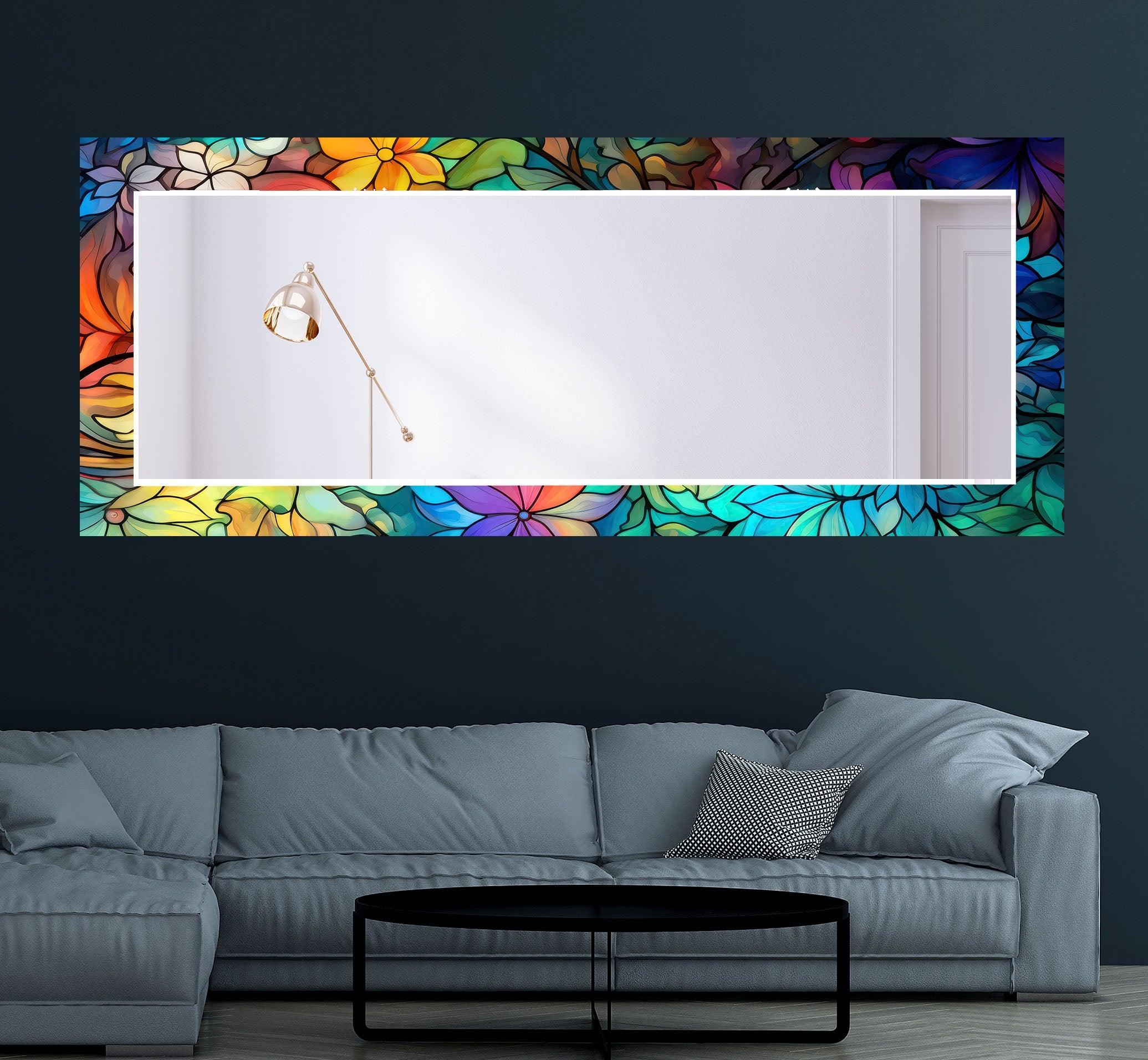 Blue & Orange Stained Glass Wall Mirror with Leaf Design - Elegant Home Decor for Living Room, Bedroom, or Entryway