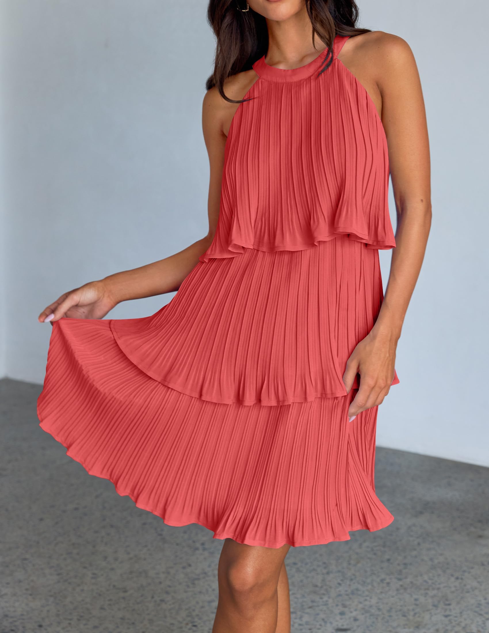 ZESICA Women's 2025 Summer Halter Dress - Sleeveless Ruffle Tiered Chiffon Pleated A-Line Swing Mini Dress for Beach, Vacation & Party Wear