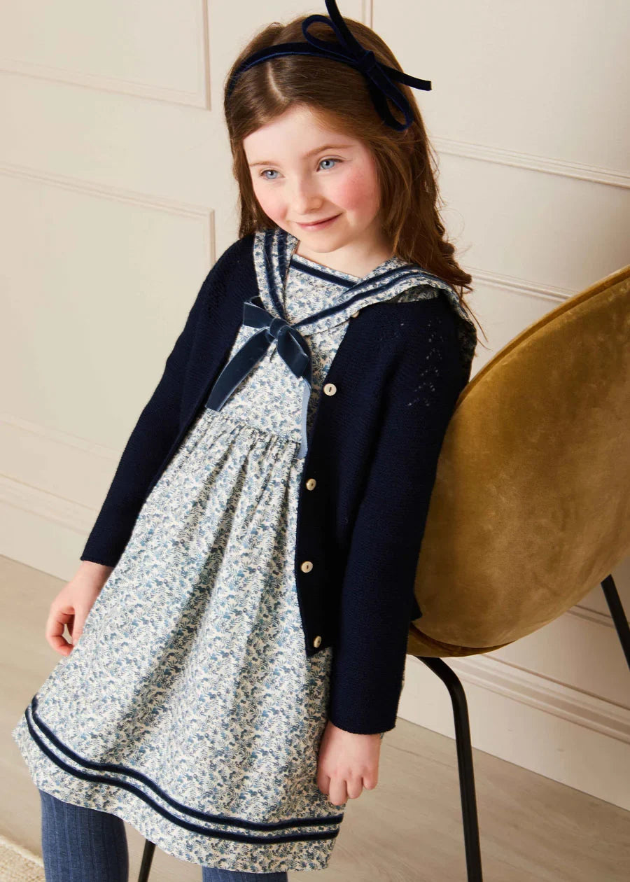Evelyn Floral Mariner Dress for Girls - Cute Navy Blue Sailor Style Dress for Summer, Beach, and Special Occasions