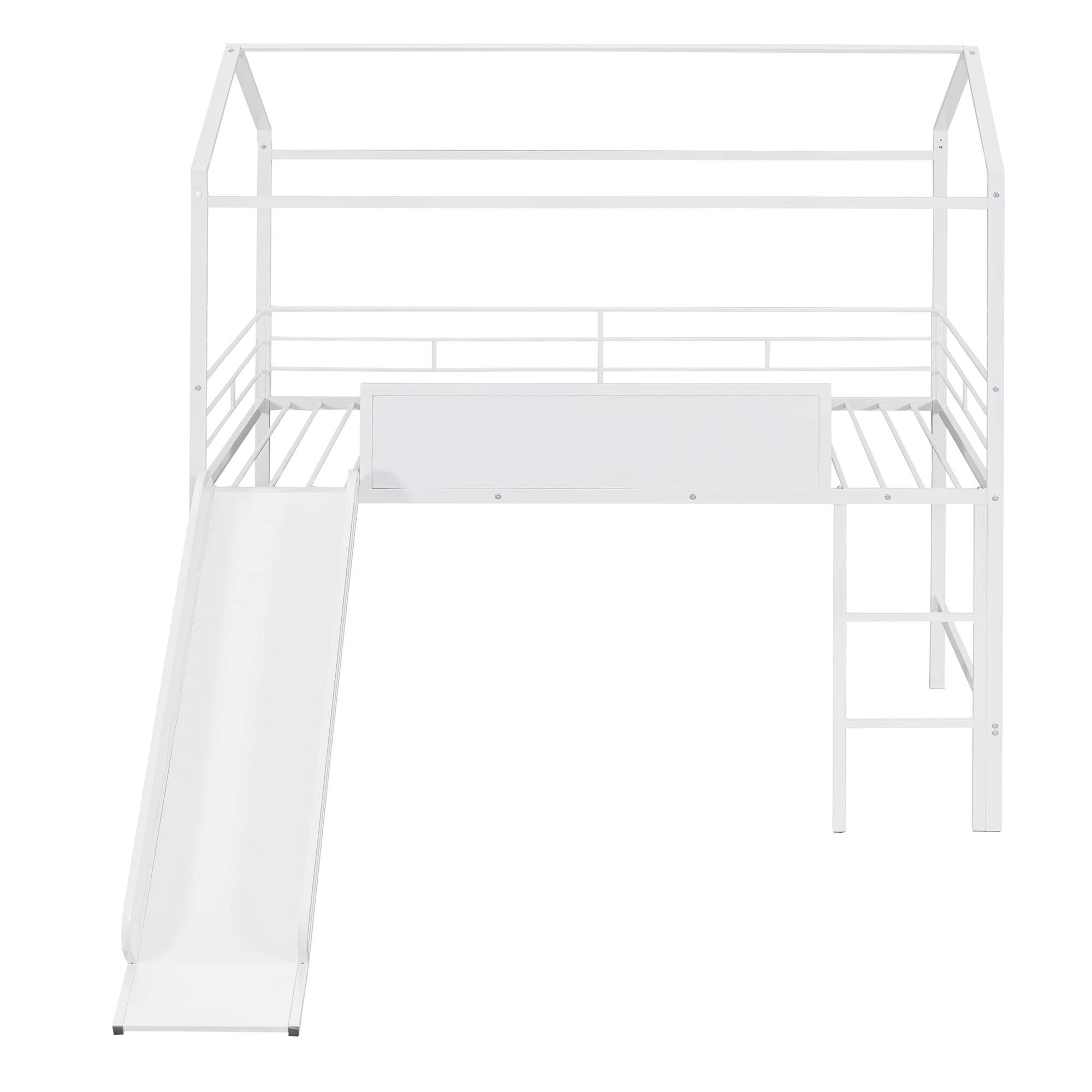 Twin Size Metal Loft Bed with Slide for Kids - Space-Saving Steel House Bed Frame with Writable Wooden Board & Roof - Easy Assembly White Bunk Bed for Boys & Girls Bedroom - Perfect for Small Rooms, Play Areas & Sleepovers