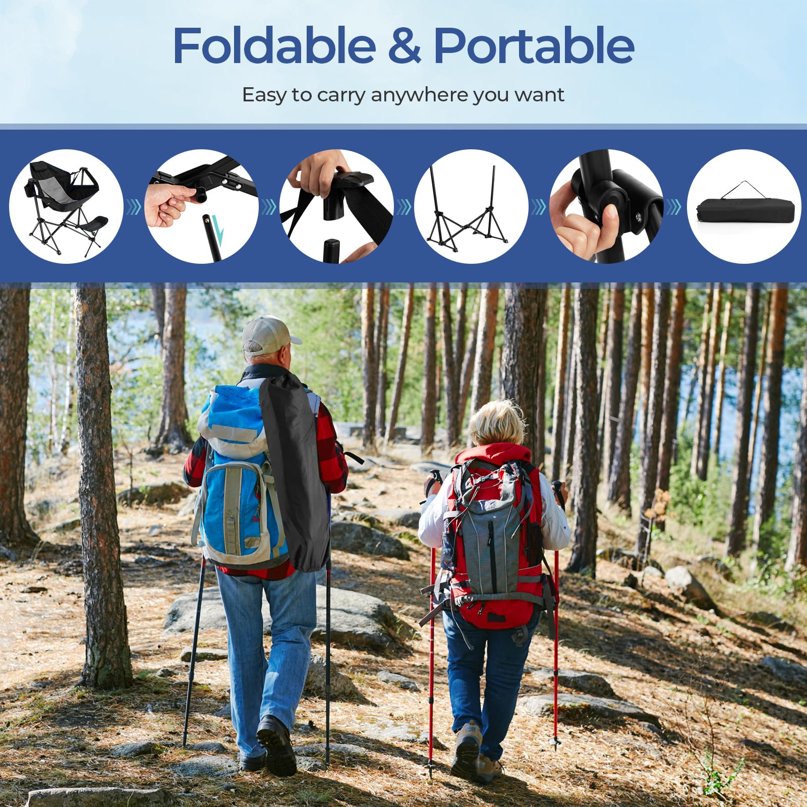GYMAX Portable Folding Camping Chair with Detachable Footrest & Adjustable Backrest - Lightweight Hammock Rocking Chair for Outdoor, Beach, Lawn, Fishing - Includes Pillow, Cup Holder & Carrying Bag (Navy Blue)