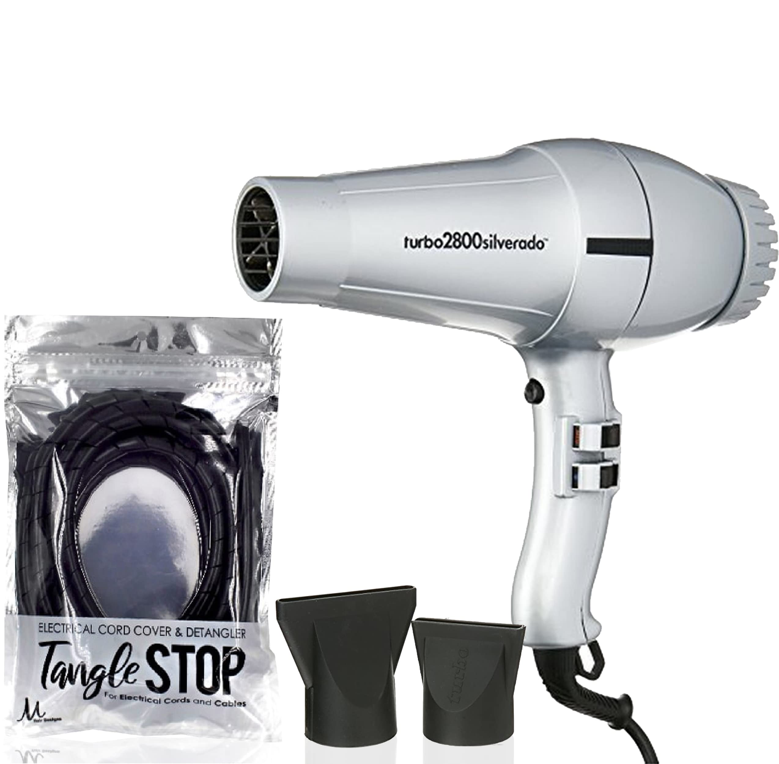 Turbo Power Turbo 2800 Professional Hair Dryer for Silverado & M Hair Designs Tangle Stop Cord Detangler - 2-in-1 Hair Care Bundle for Salon & Home Use