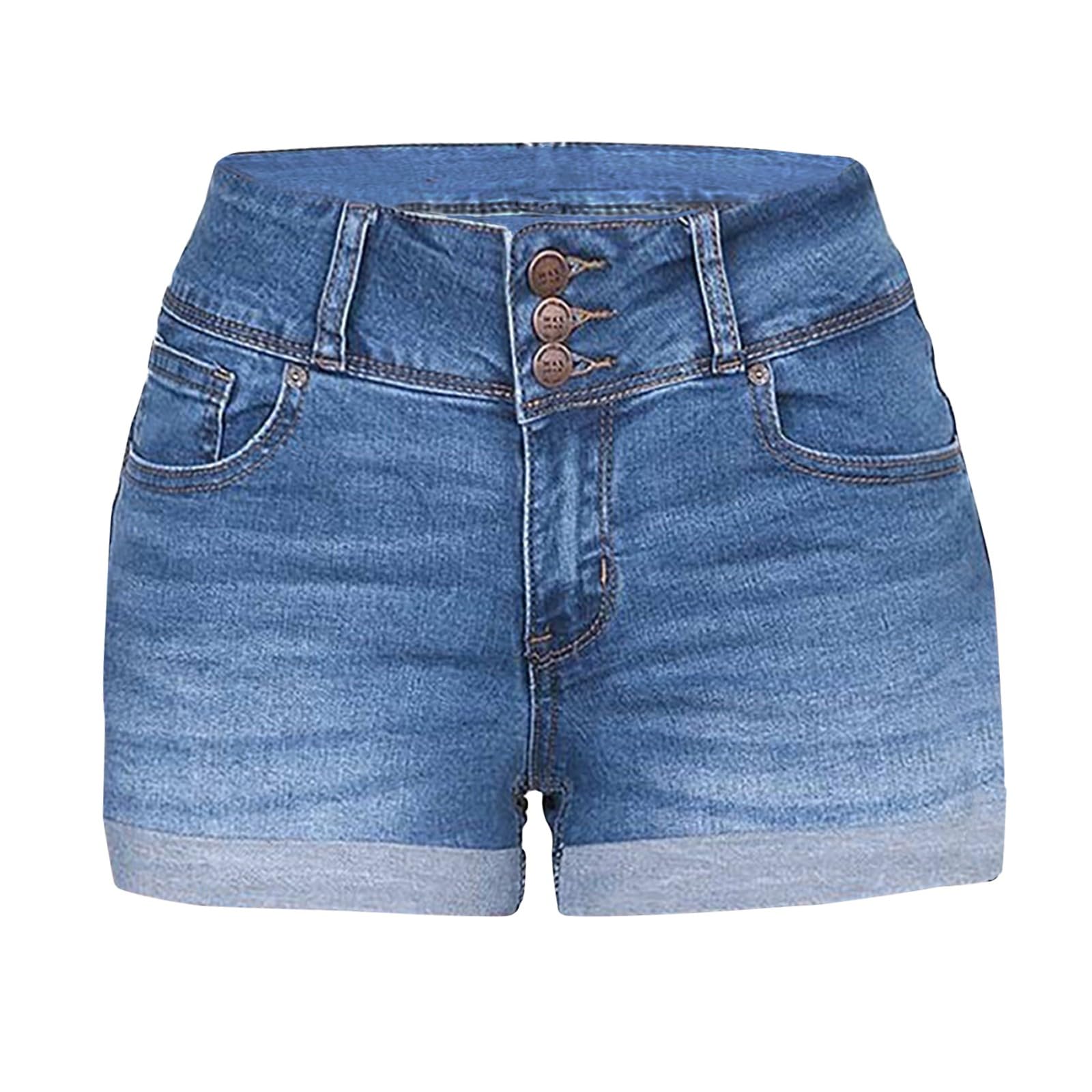 Women's High Waisted Stretch Denim Shorts - Summer Rolled Hem Jean Shorts with Button Fly | Casual Washed Slim Fit Shorts for Beach, Vacation & Everyday Wear