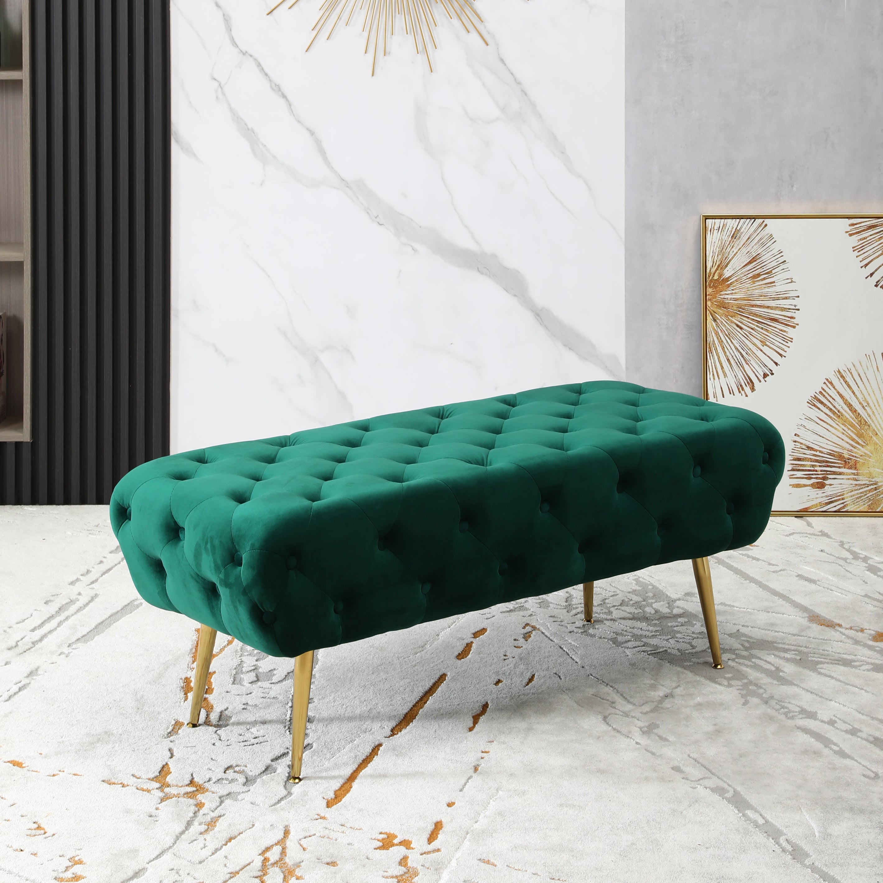 Roundhill Furniture Sira Velvet Button Tufted Bench with Gold Metal Legs - Green Velvet Upholstered Storage Ottoman for Living Room, Bedroom & Entryway - Perfect for Seating, Decor & Extra Storage