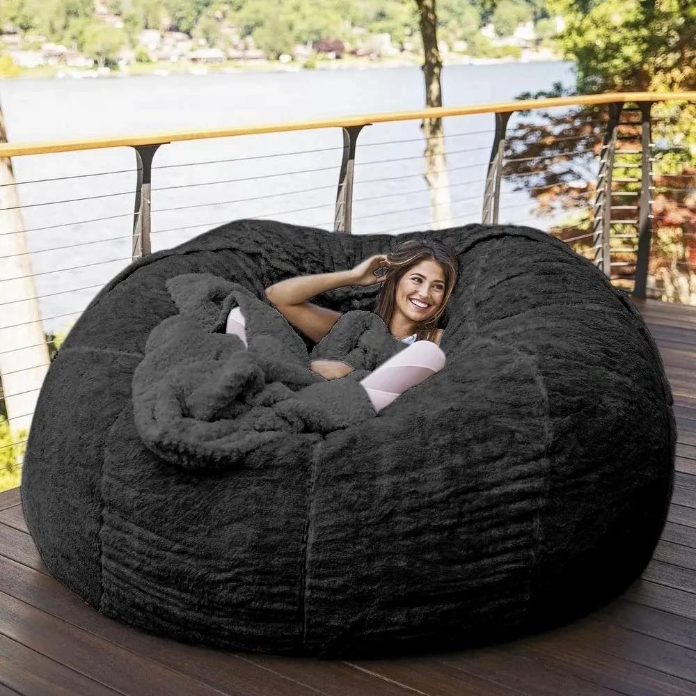 7ft Giant Faux Fur Bean Bag Chair - Extra Large Round Soft Fluffy Lazy Sofa Bed for Adults - Grey/Black - Perfect for Living Room, Bedroom, Game Room & Dorm Relaxation