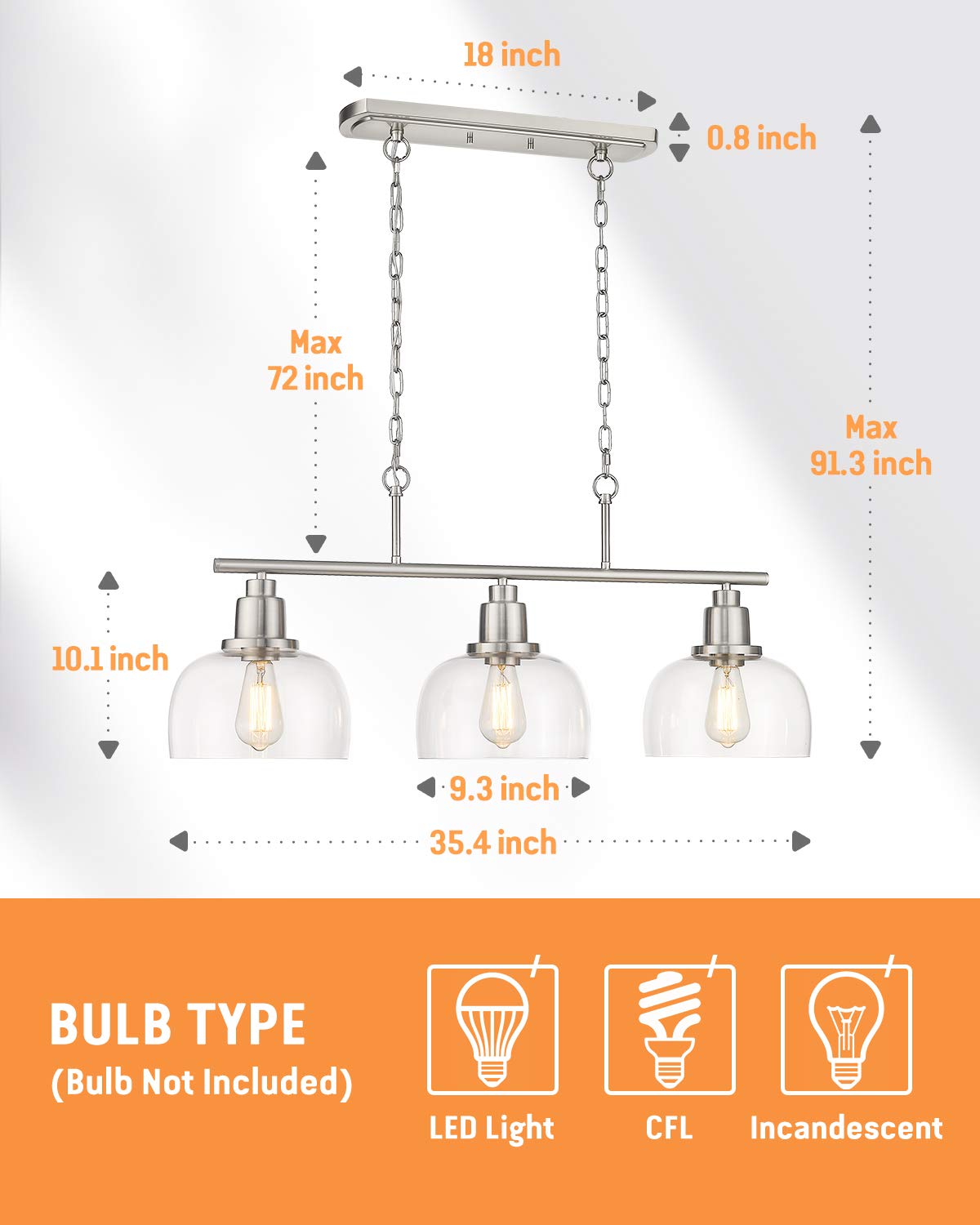 EAPUDUN 3-Light Kitchen Island Pendant Lighting - Farmhouse Style Brushed Nickel Ceiling Light with Clear Glass Shades for Dining Room, Bar, Pool Table & More (Model PDA1125-BNK) | Perfect for Modern Farmhouse, Industrial & Rustic Home Decor