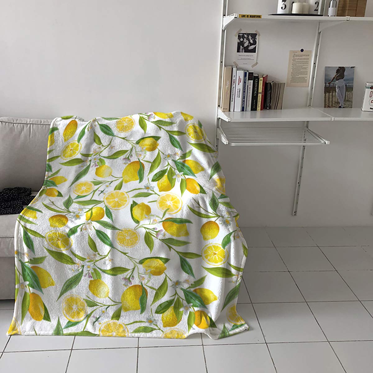 Greeeen Plush Fleece Throw Blanket - Ultra Soft & Warm Reversible Blanket for Bed, Couch, Sofa - 49x79 Inch Cozy Lemon Decor - Perfect for Home, Office & Travel