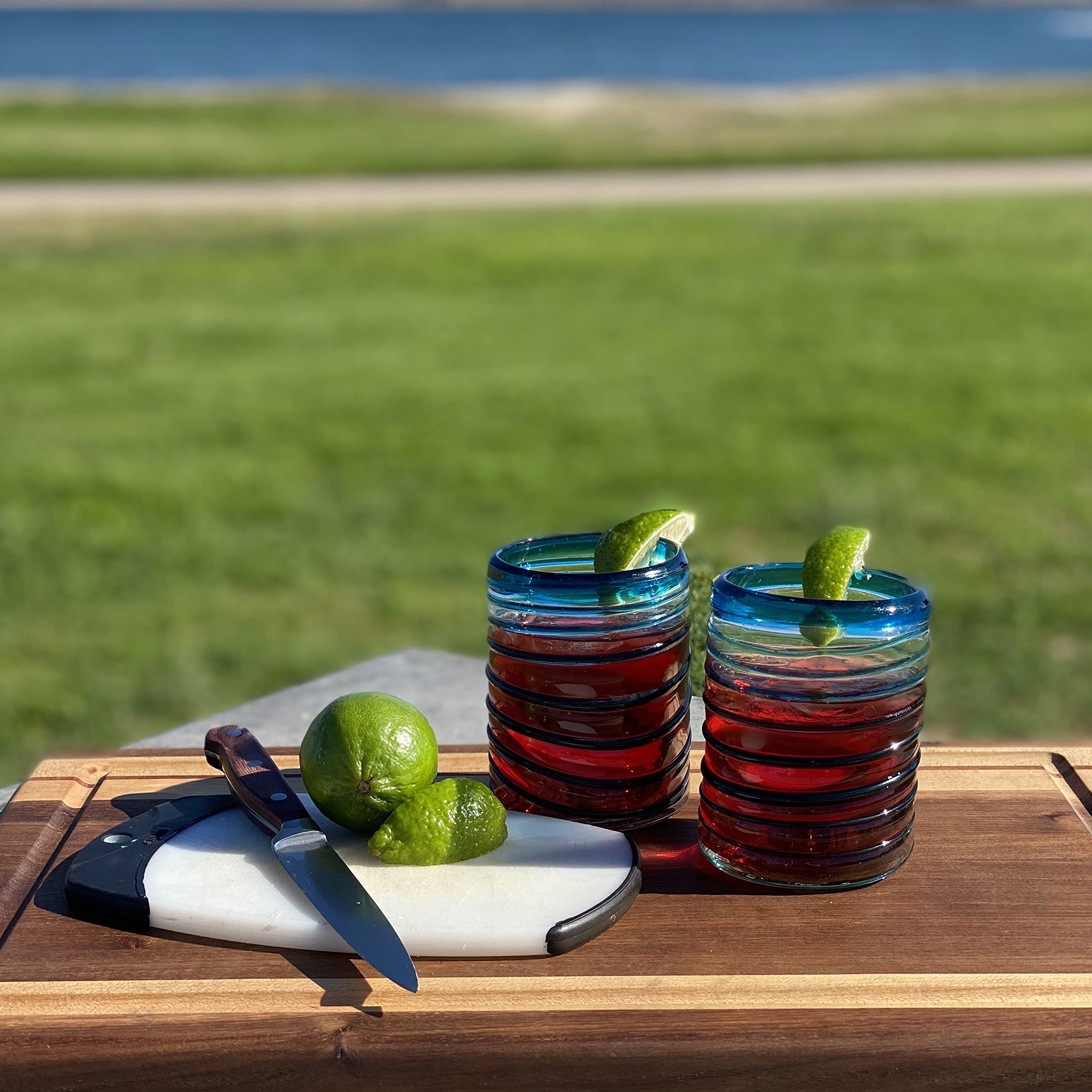 Hand Blown Mexican Drinking Glasses Set of 6 - 10oz Aqua Spiral Design Tumbler Glasses for Margaritas, Cocktails & Iced Tea - Durable & Unique Glassware for Home Bar, Restaurant or Party Use