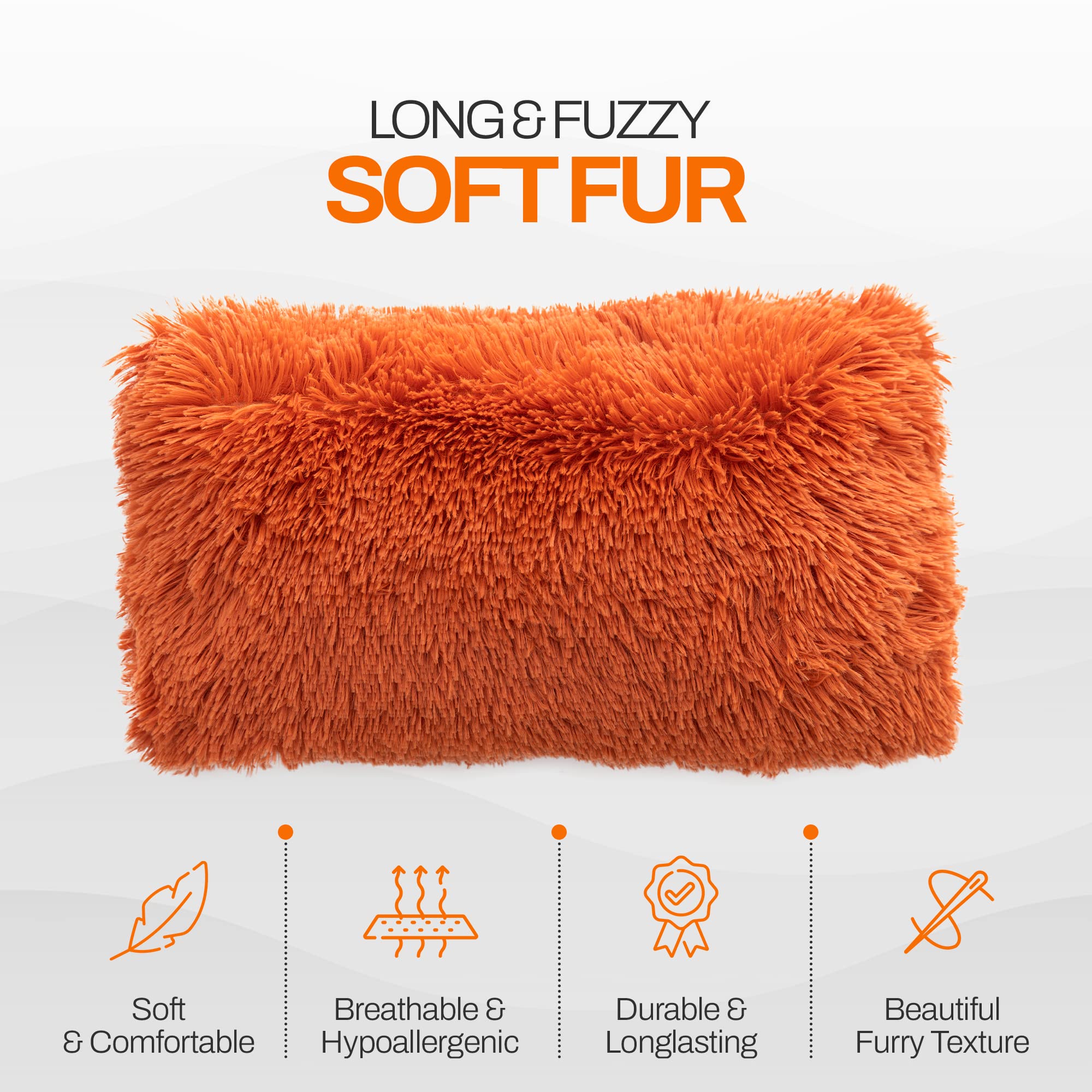 Soft Shaggy Throw Pillows Set of 2 (12x20 Inches) - Rust Orange Faux Fur Couch & Bed Pillows with Inserts Included - Cozy Long Hair Decorative Pillows for Living Room, Bedroom & Home Decor