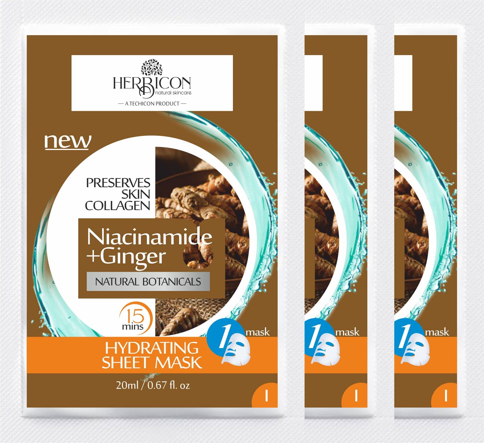 Niacinamide Face Sheet Mask with Ginger Extract for Clear & Glowing Skin - Hydrating Brightening Facial Mask for Acne, Dark Spots & Dullness - Pack of 3 (20g Each) | Perfect for Daily Skincare Routine & Spa Night