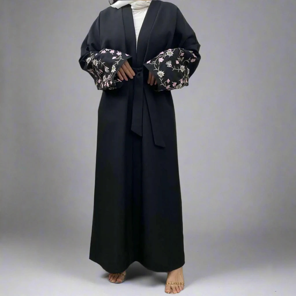 Floral Embroidery Sleeve Open Abaya Dress - Elegant Muslim Women's Kaftan for Prayer, Wedding & Special Occasions