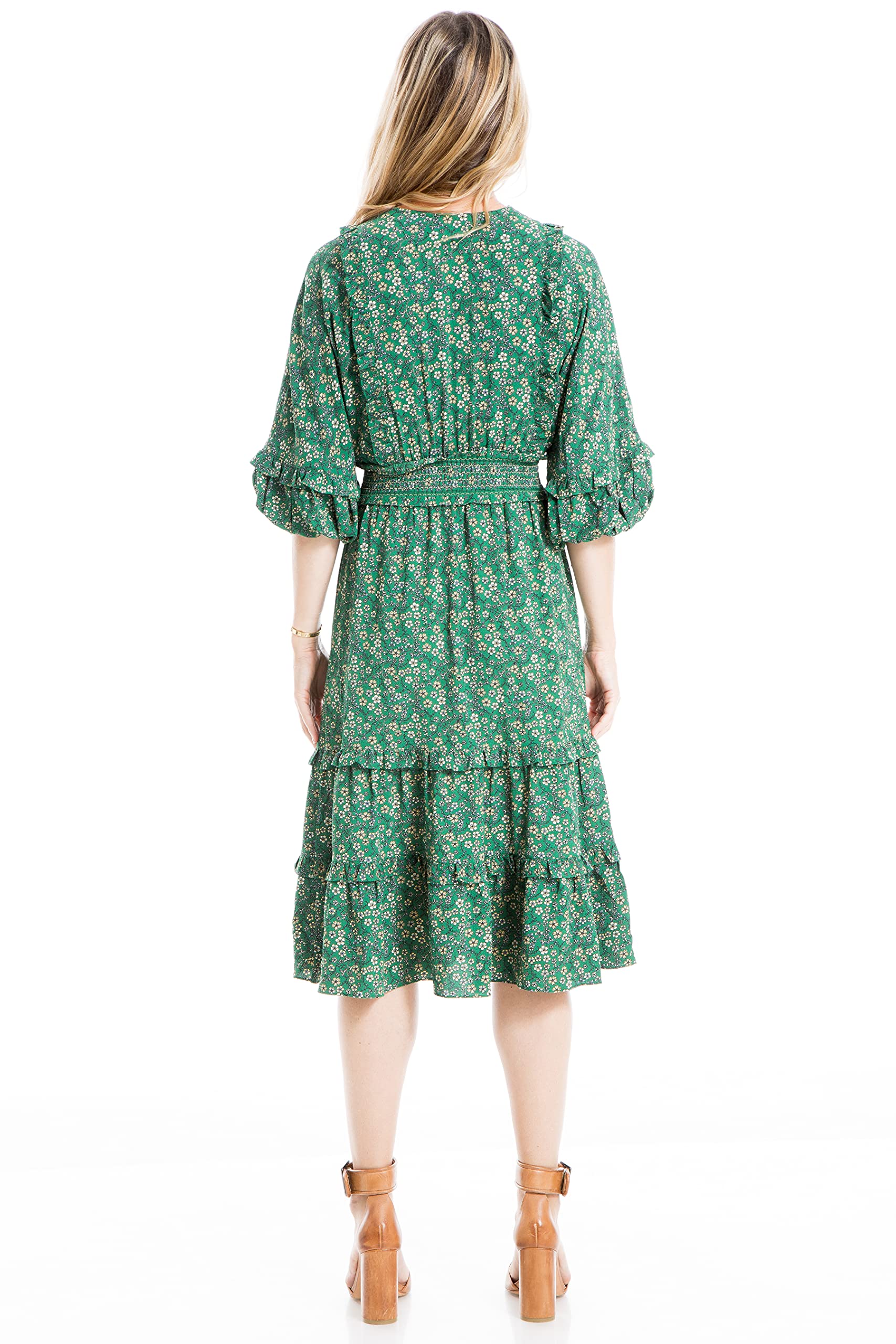 Max Studio Women's 3/4 Sleeve Tiered Bubble Crepe Dress - Elegant Flowy Midi Dress for Wedding, Party & Special Occasions