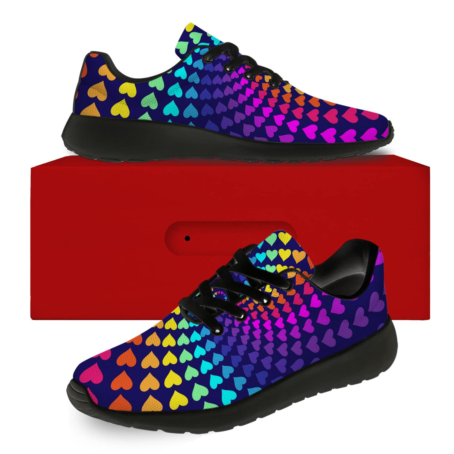 Unisex Pride Running Shoes for Men & Women - LGBT Rainbow Heart Sneakers for Walking, Tennis & Casual Wear - Size 6 Men/8 Women Black - Perfect for Pride Parades, Gym Workouts & Everyday LGBTQ+ Fashion