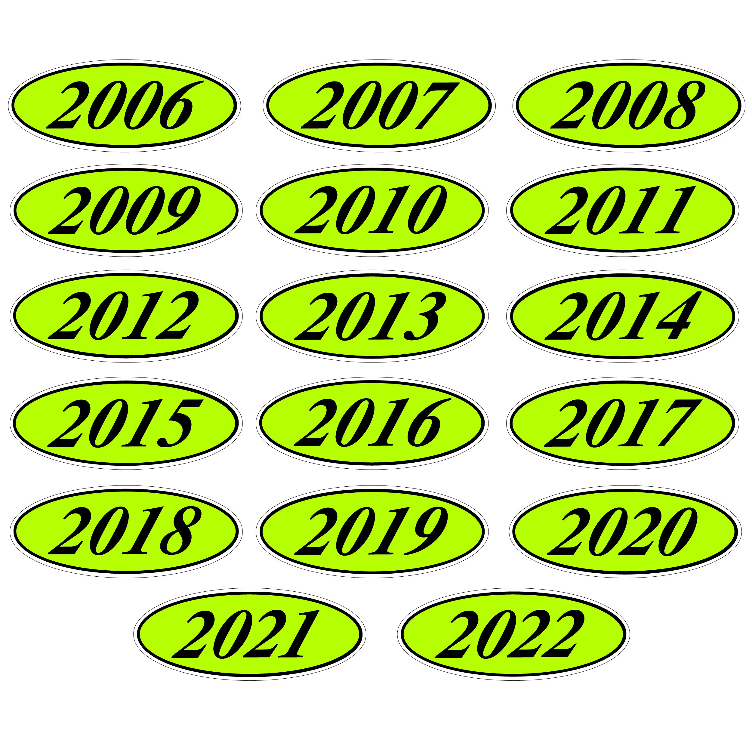 EZ-Line Oval Model Windshield Year Stickers for Car Windows - Large Vinyl Dealership Supplies (2006-2022) - 17 Dozen Pro Pack (1 Dozen Each Year) - Black on Chartreuse - Perfect for Auto Dealers, Fleet Management & Vehicle Registration
