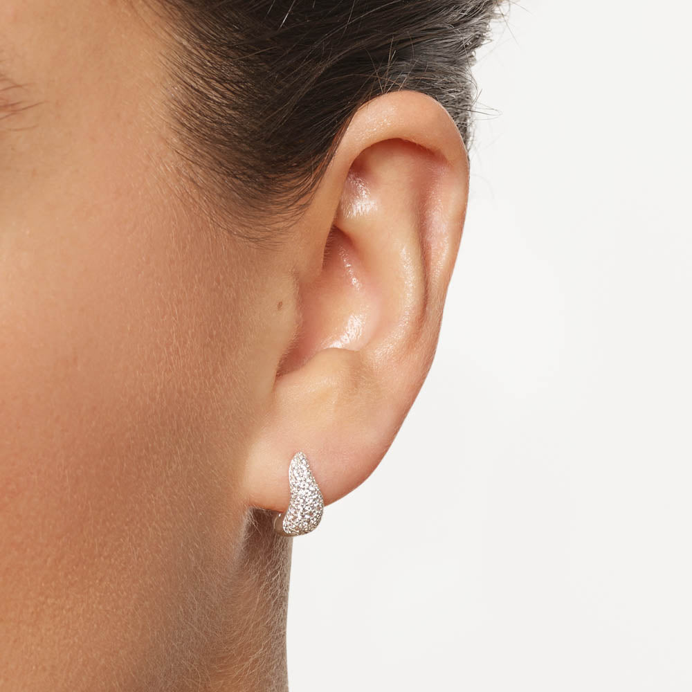 Mini White Topaz Pave Wave Dome Huggie Earrings in Sterling Silver - Perfect for Everyday Wear & Special Occasions