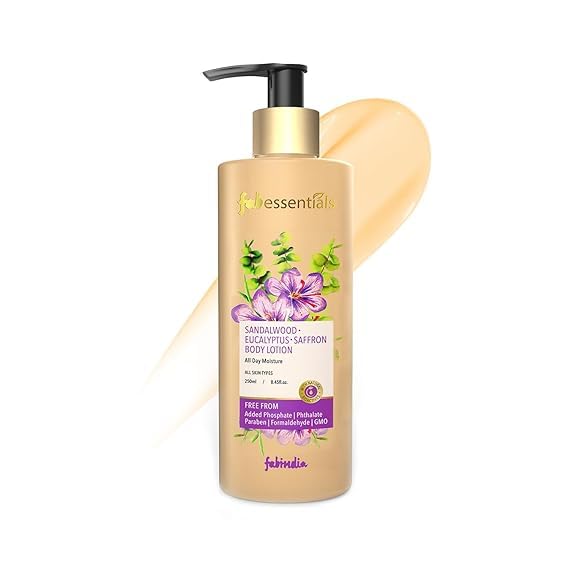 Organic Sandalwood Eucalyptus Saffron Body Lotion with Cocoa Seed Butter - 250ml | Paraben-Free, Non-Sticky Moisturizer for Dry Skin | Unisex Hydrating Body Cream for Women & Men | Perfect for Daily Use, After Shower & Massage Therapy