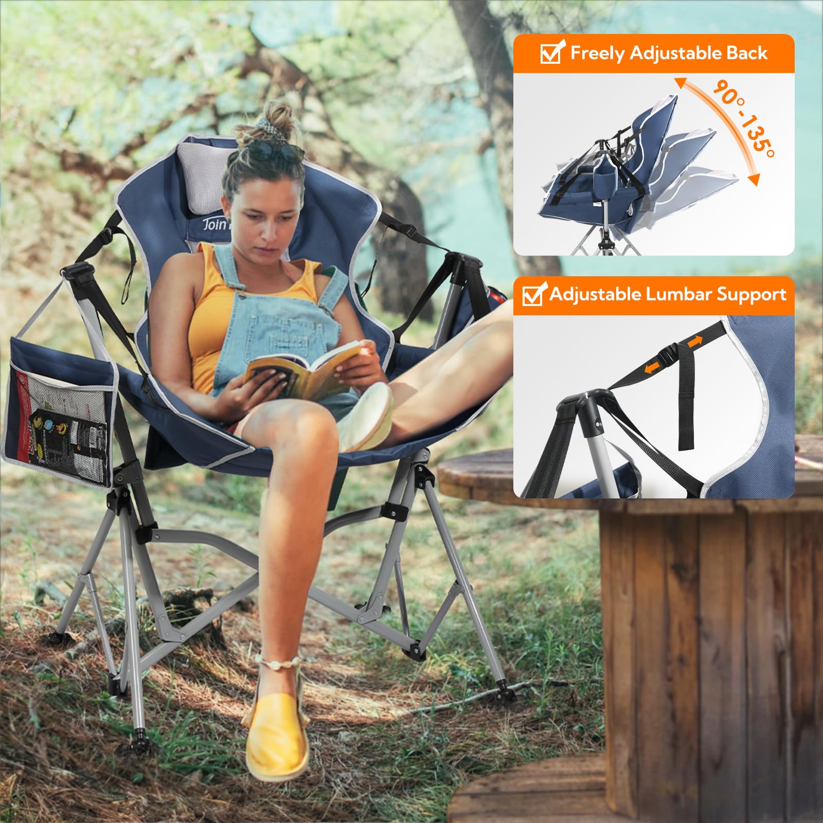 **Oversized Hammock Camping Chair - Portable Folding Swing Chair with Adjustable Backrest, Lumbar Support & Headrest - Heavy Duty 400LBS Capacity - Perfect for Backyard, Patio, Beach & Indoor Relaxation - Blue**