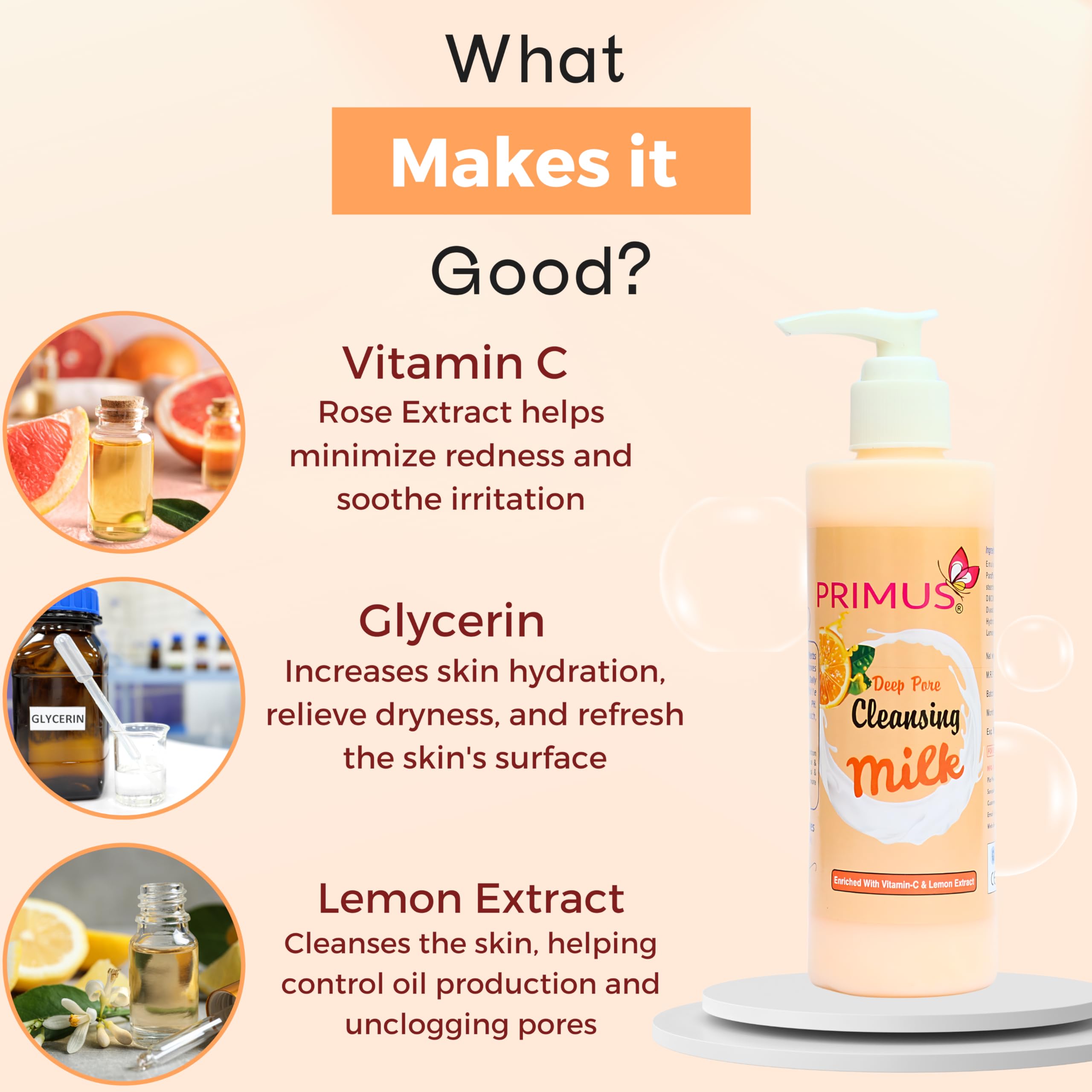 Primus Vitamin C Cleansing Milk with Vitamin C & Lemon Extracts - Ultra Clean & Refreshing Facial Cleanser for Makeup Removal (250ml) | Gentle Daily Face Wash for Brightening & Hydrating Skin | Perfect for Morning & Night Skincare Routine