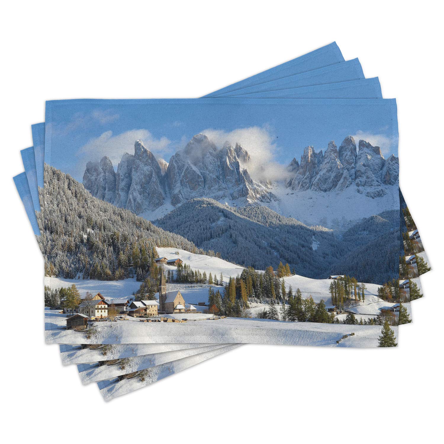 Lunarable Winter Mountain Village Scenery Place Mats Set of 4 - Snow Peaks Northern Alps Design, Washable Fabric Table Mats for Dining Room & Kitchen Decor (White, Blue, Green) - Perfect for Holiday Dinners, Cozy Cabin Decor & Winter-Themed Tablescapes