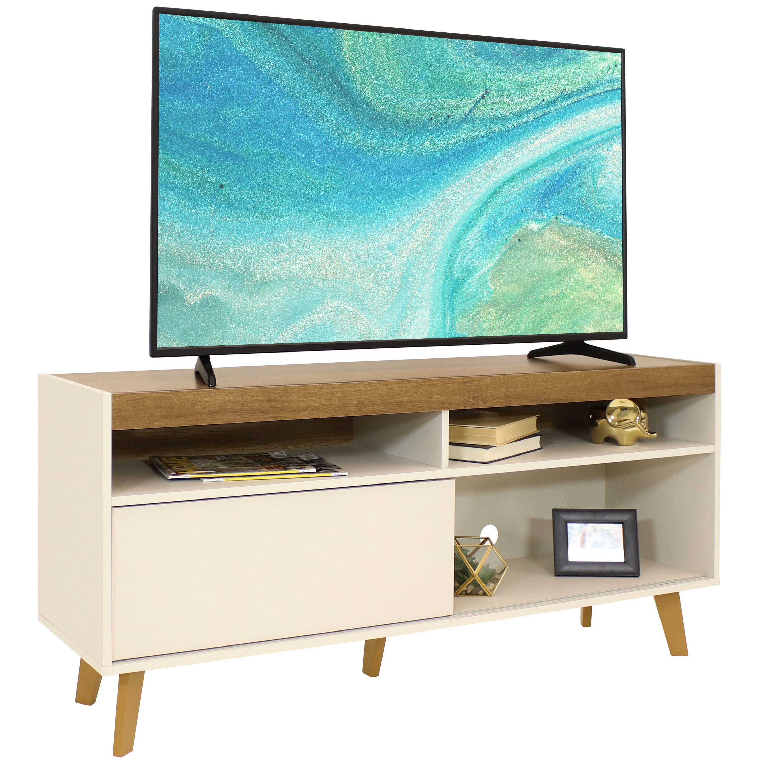 Mid Century Modern TV Stand for 58 Inch Flat Screen - Sunnydaze Retro Entertainment Center with Storage for Living Room & Home Theater