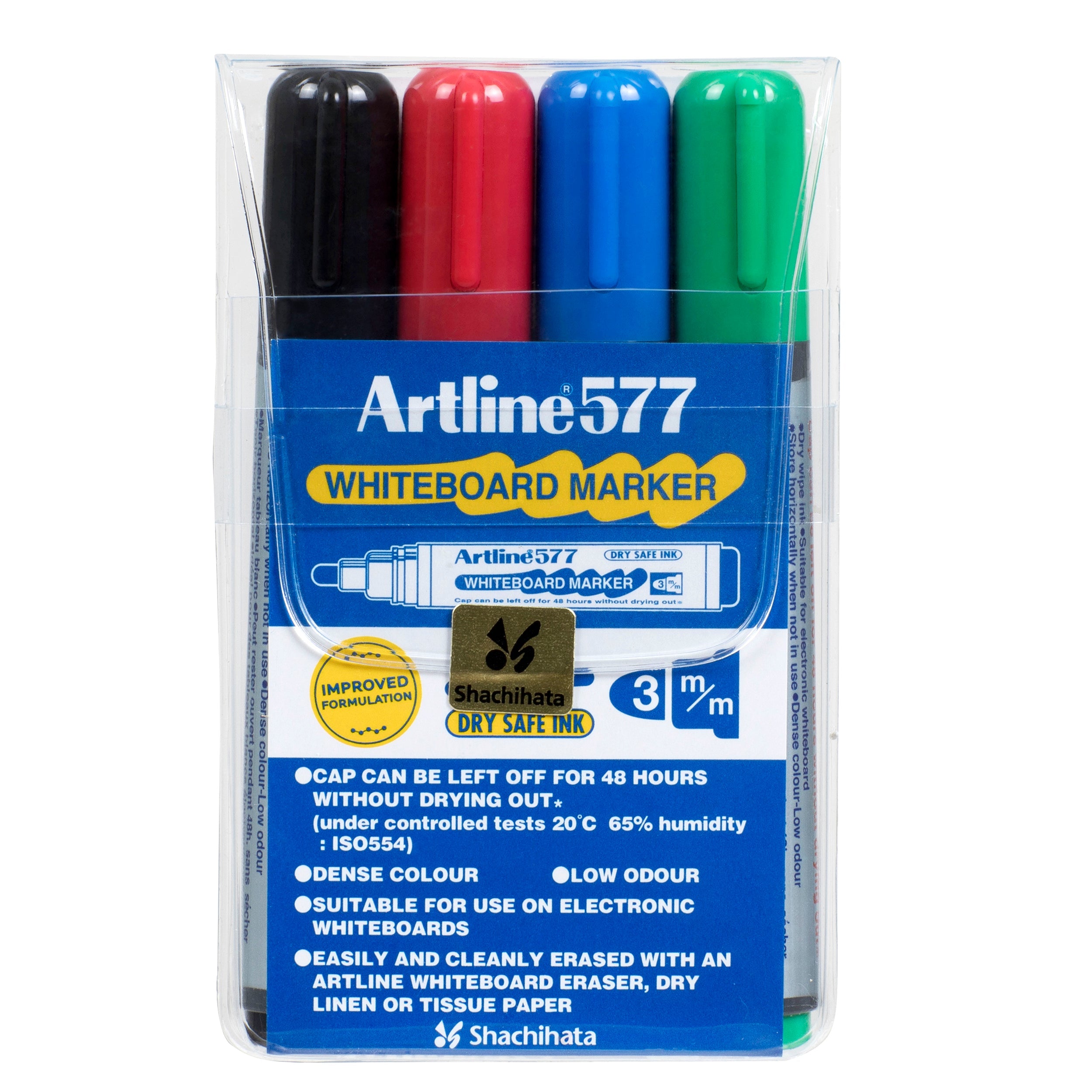 Artline 577 Whiteboard Markers - 4 Pack of 3mm Bullet Tip Dry Erase Markers for Whiteboards, Glass Boards & Office Presentations - Vibrant Colors, Smooth Writing, Non-Toxic Ink