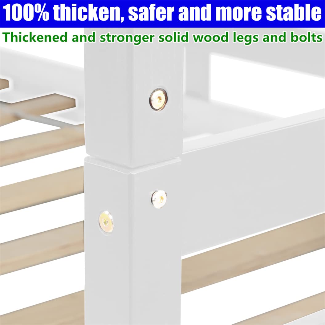 Sturdy Reinforced Wooden Twin Over Twin Bunk Bed with Trundle - Extendable to Twin Over 2 Twin Size - Thickened Solid Wood Construction - Pull-Out Design (White) - Perfect for Kids' Rooms, Guest Rooms & Space-Saving Solutions