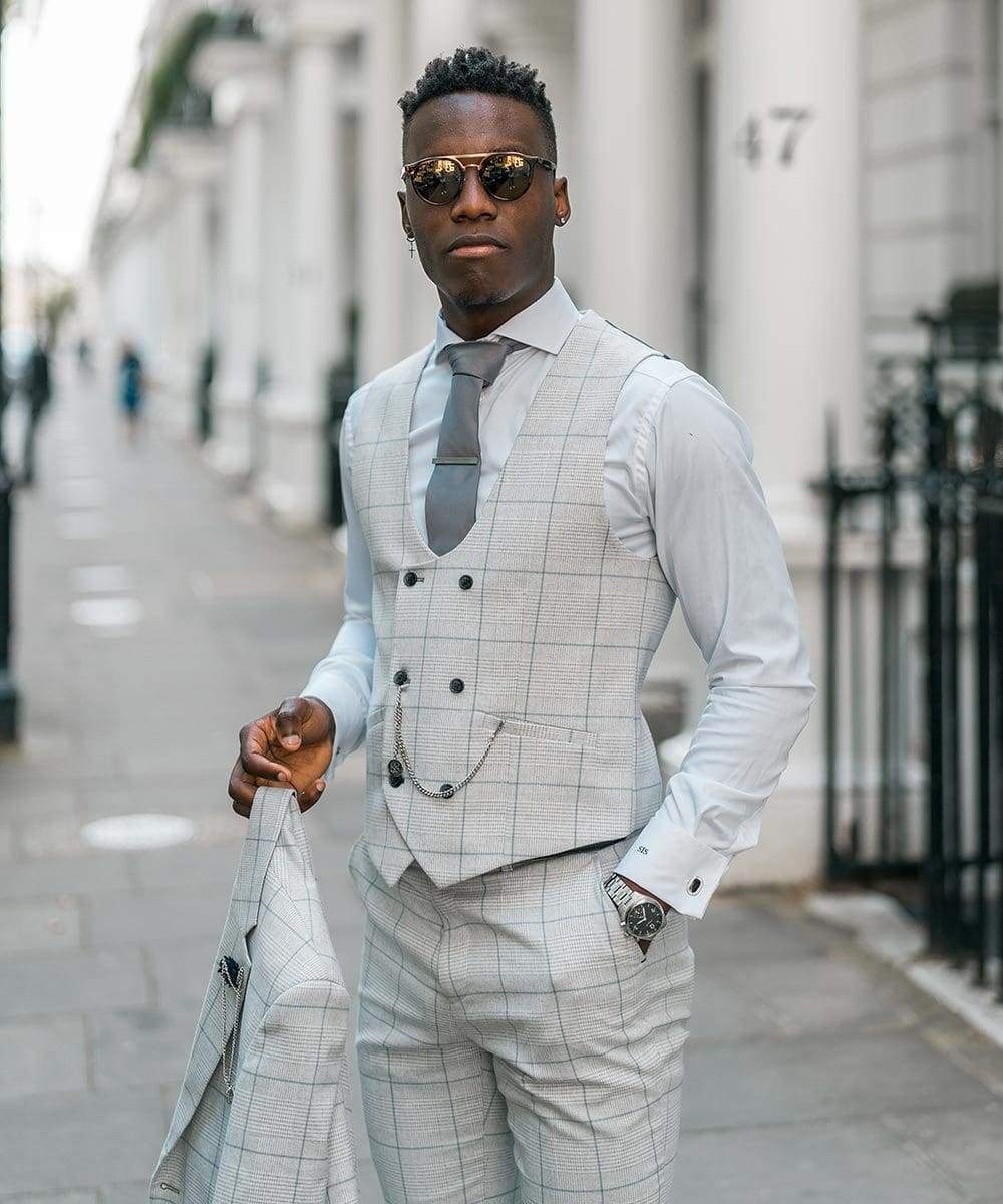 Cavani Radika 3-Piece Light Gray Check Tweed Suit for Men - Formal Business Attire, Office Wear & Wedding Outfit