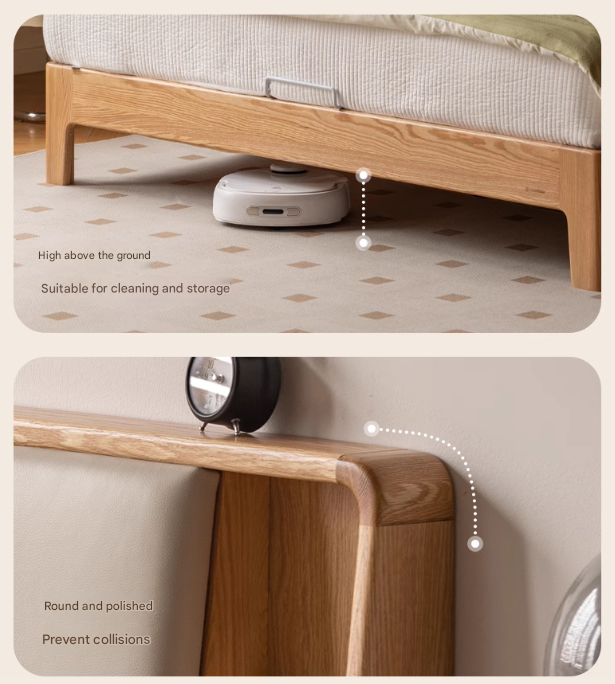 Solid Oak Wood Leather & Fabric Luminous Bed with Shelf - Modern Platform Bed Frame with Storage for Bedroom, Guest Room, or Dorm