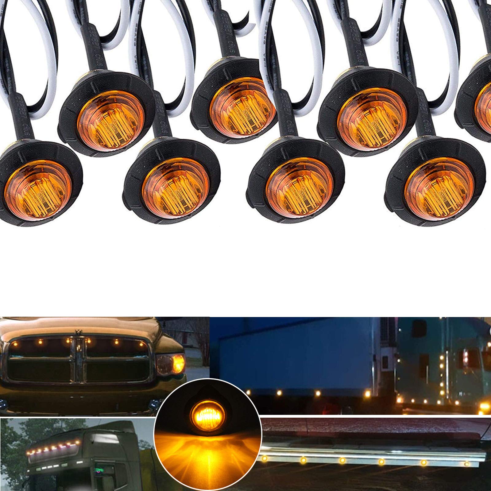 10-Piece 3/4 Inch Amber LED Marker Lights - Waterproof Trailer & RV Lights with Turn Signal Function - Ideal for Trucks, Trailers, RVs, Buses & Vans - Perfect for Night Driving and Safety Visibility