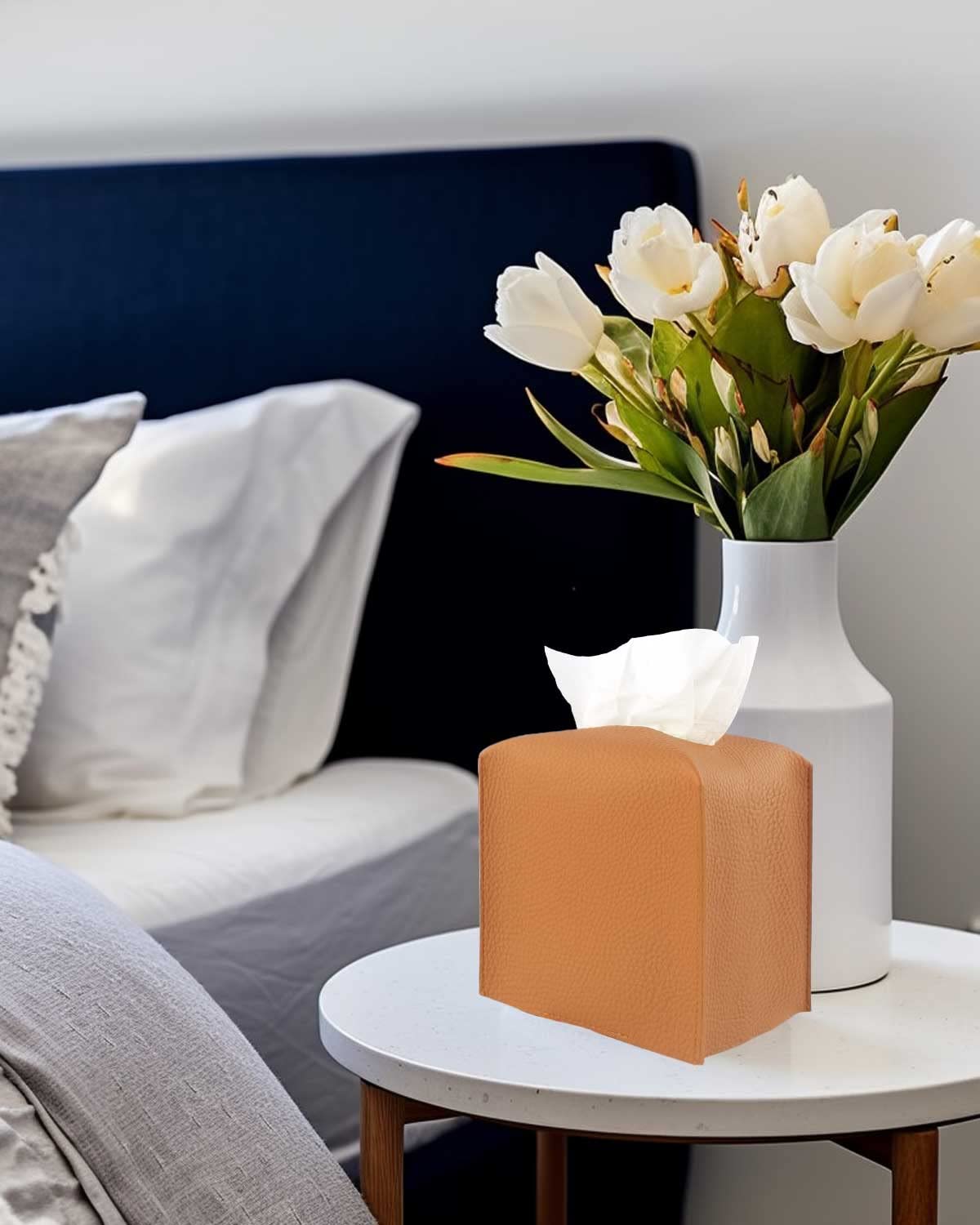 JESMINI Faux Leather Square Tissue Box Cover with Bottom Belt - Camel Brown Tissue Box Holder for Bathroom, Nightstand, Office & Living Room - Decorative Home & Desk Accessory for Tissues