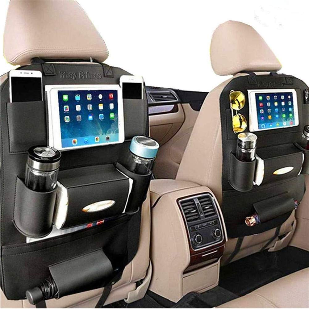 PALMOO PU Leather Car Seat Back Organizer with iPad Mini Holder - Universal Car Backseat Organizer for Kids, Storage Bottles, Tissue Box & Toys (Black, 1 Pack) - Perfect for Road Trips, Family Travel & Daily Commute