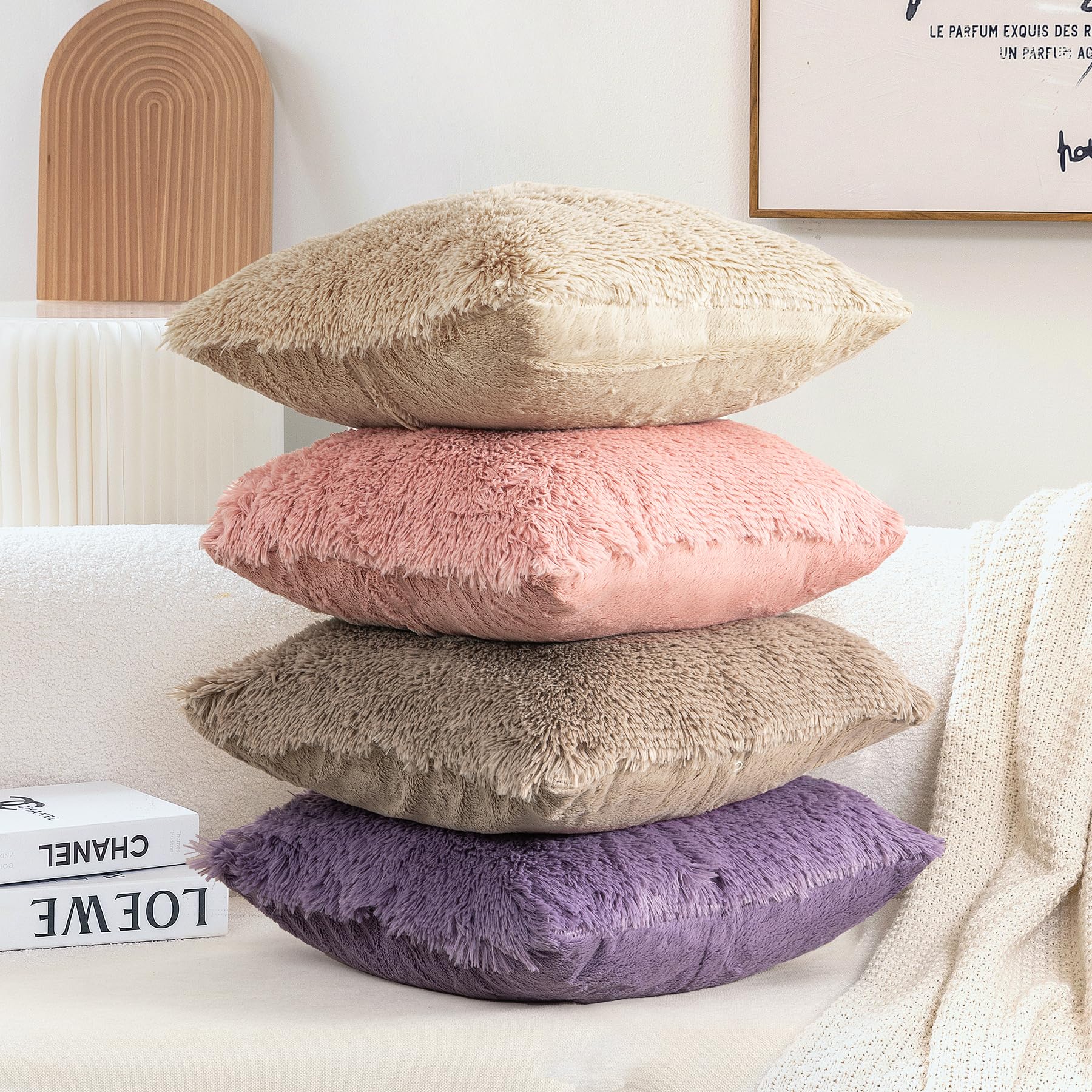 TOONOW Set of 2 Fluffy Faux Fur Decorative Throw Pillow Covers 18x18 Inches - Soft Luxury Couch Pillow Covers for Living Room, Bedroom & Sofa (No Insert Included) - Perfect for Home Decor, Cozy Reading Nook & Accent Pillows