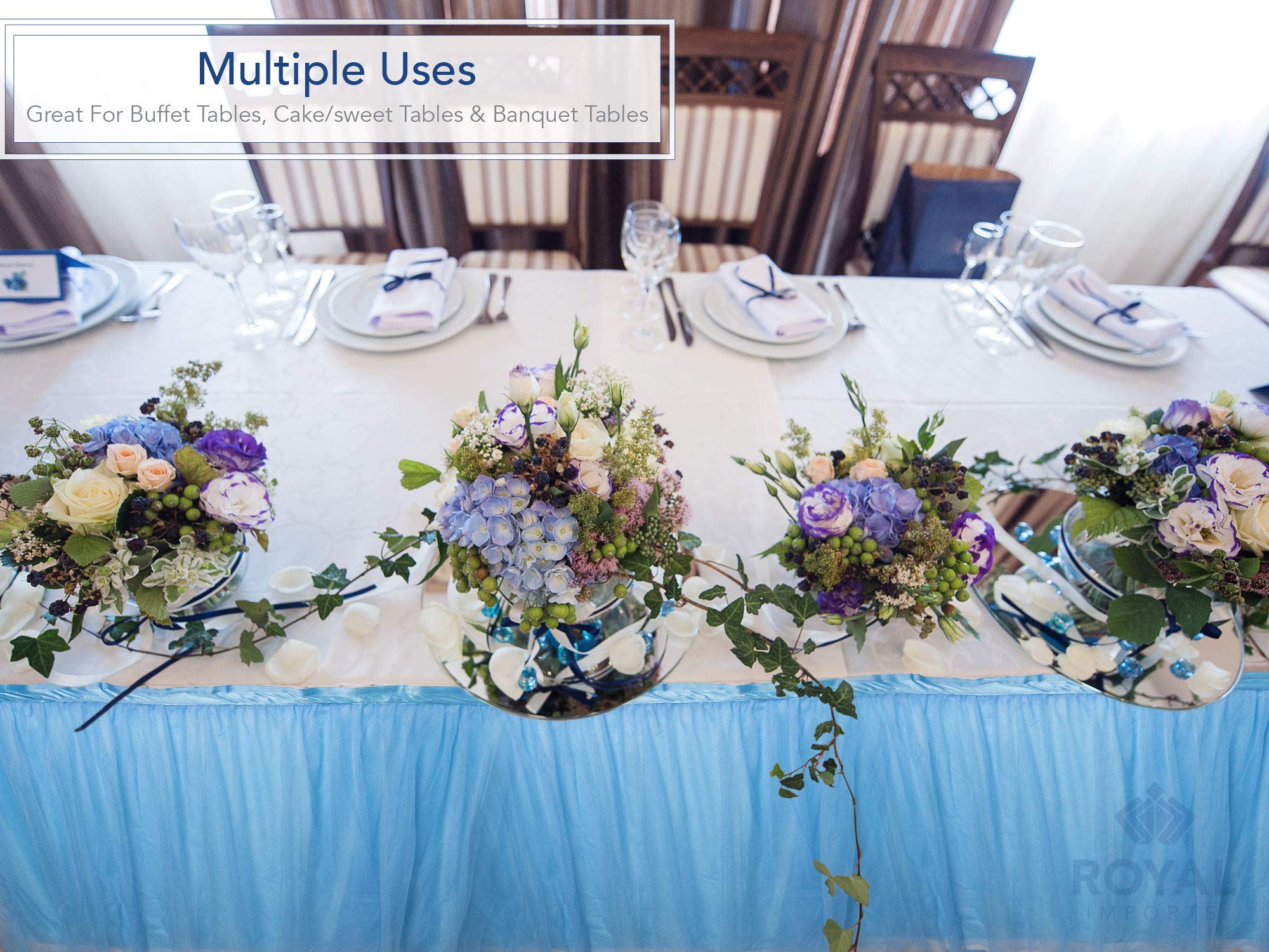 Royal Imports Tulle Table Skirt - 14ft Blue Rectangle Wedding Tablecloth for Bridal, Birthday Party, Baby Shower & Home Decor | Elegant Table Skirting for Special Events & Dining Room Decorations