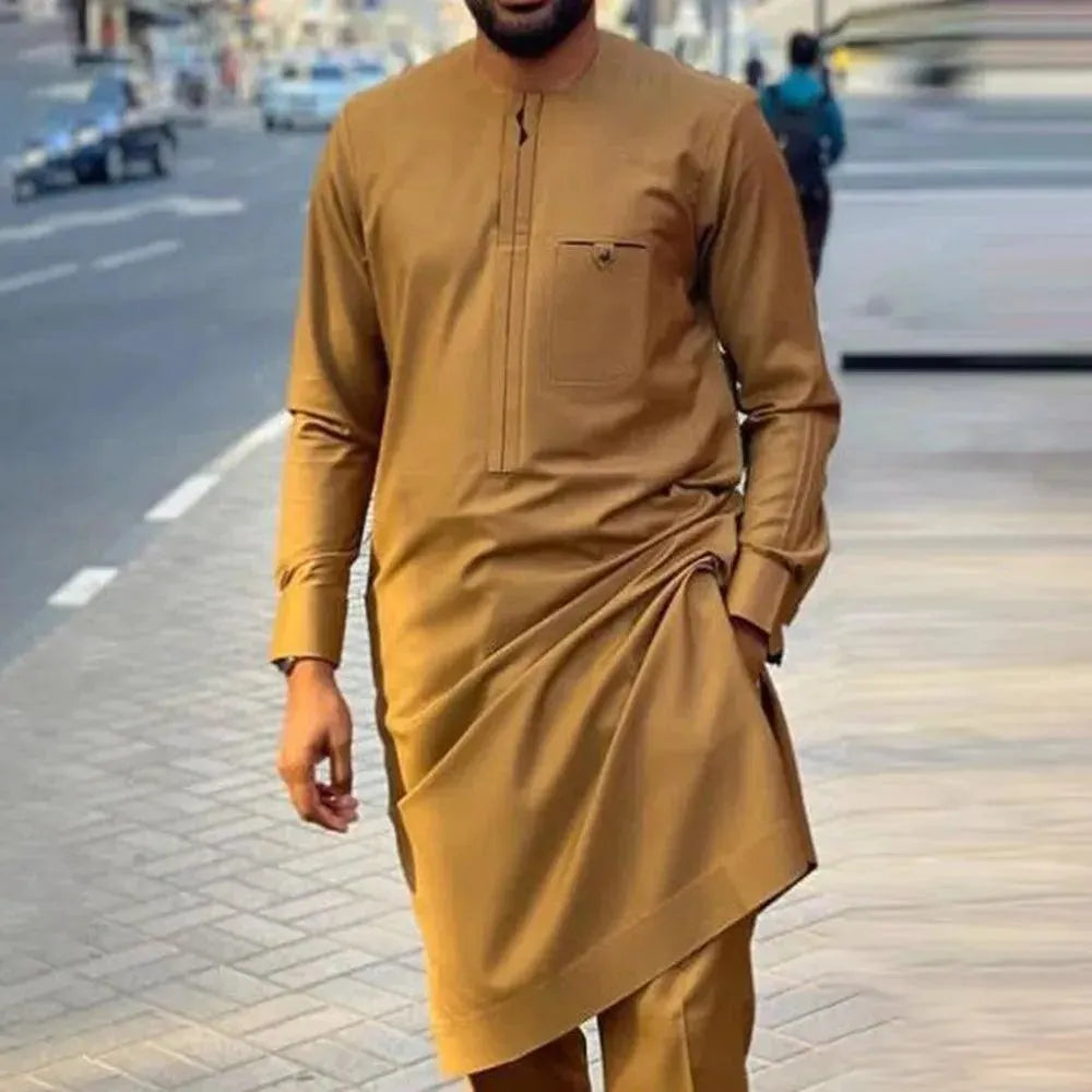 Men's Relaxed Brown Cotton Matching Outfit Set - Comfortable Casual Loungewear for Home & Travel