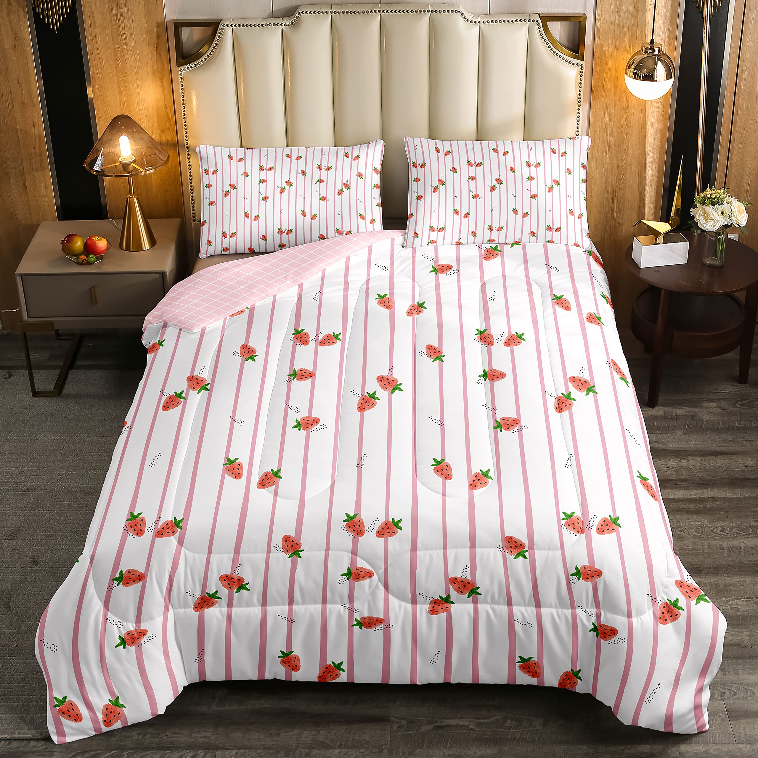 Strawberry Comforter Set Queen Size - Cute Kawaii Fruit Bedding for Kids, Girls & Boys Room Decor | Soft Geometric Striped Down Comforter with Cartoon Design | Perfect for Bedroom, Dorm, Sleepovers & Cozy Nights