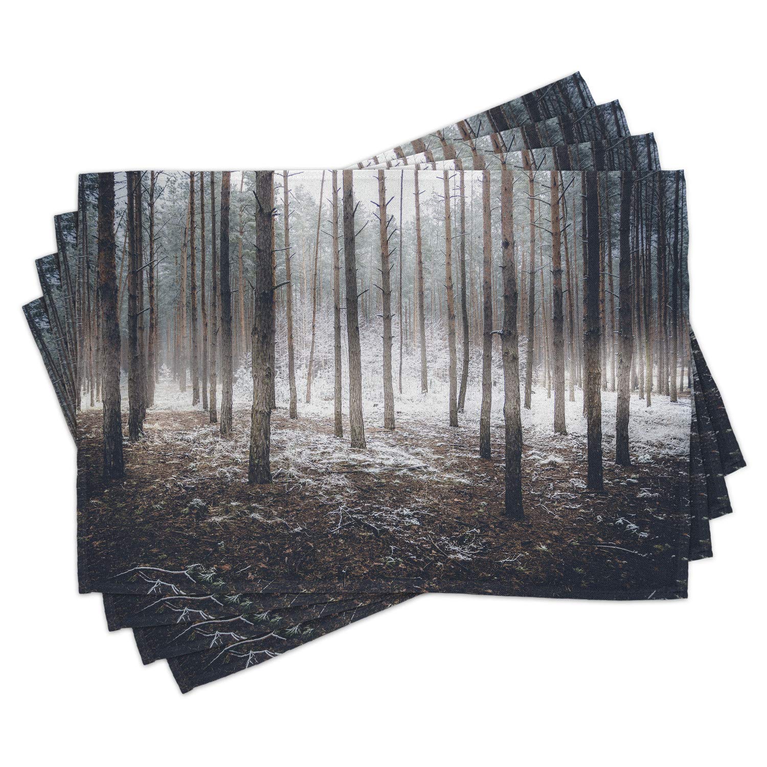 Ambesonne Winter Place Mats Set of 4 - Dark Spooky Misty Forest with Fog and Mystic Birches Print - Washable Fabric Placemats for Dining Room & Kitchen Table Decor - Brown & White - Perfect for Holiday Dinners, Cozy Gatherings, and Seasonal Home Decor