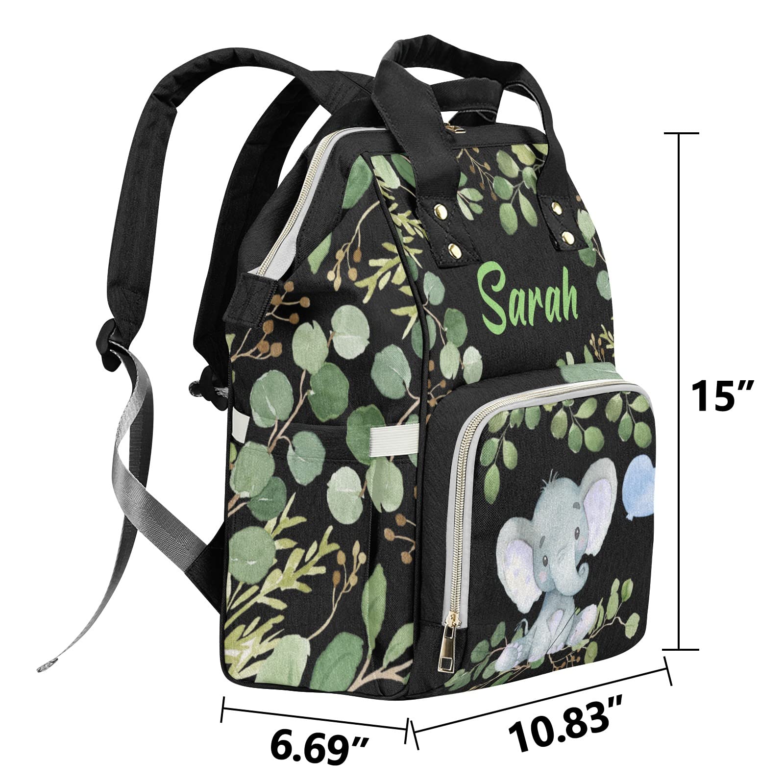 Custom Personalized Diaper Backpack for Baby Girls & Boys - Cute Elephant Design, Black Diaper Bag for Dads & Men (Add Name) - Perfect for Travel, Daycare & Family Outings