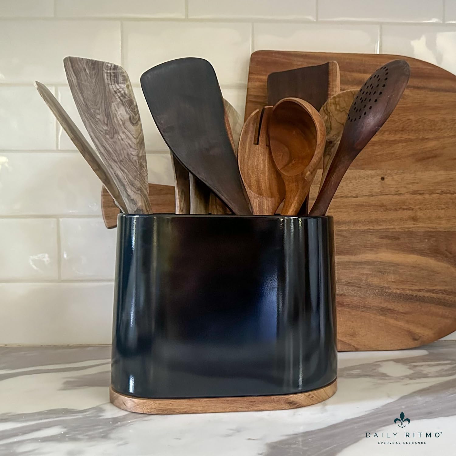DAILY RITMO® Black Ceramic Kitchen Utensil Holder with Acacia Wood Base - 2 Compartment Countertop Organizer for Spoons, Spatulas & Cooking Tools - Perfect for Kitchen Counter, Pantry & Dining Room Storage