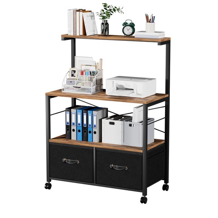 VECELO Large Mobile Printer Stand with 3-Tier Shelf & 2 Drawers - Heavy Duty File Cabinet on Wheels for Home Office Organization (Letter Size, Brown) - Perfect for Printer Storage, File Management & Workspace Organization
